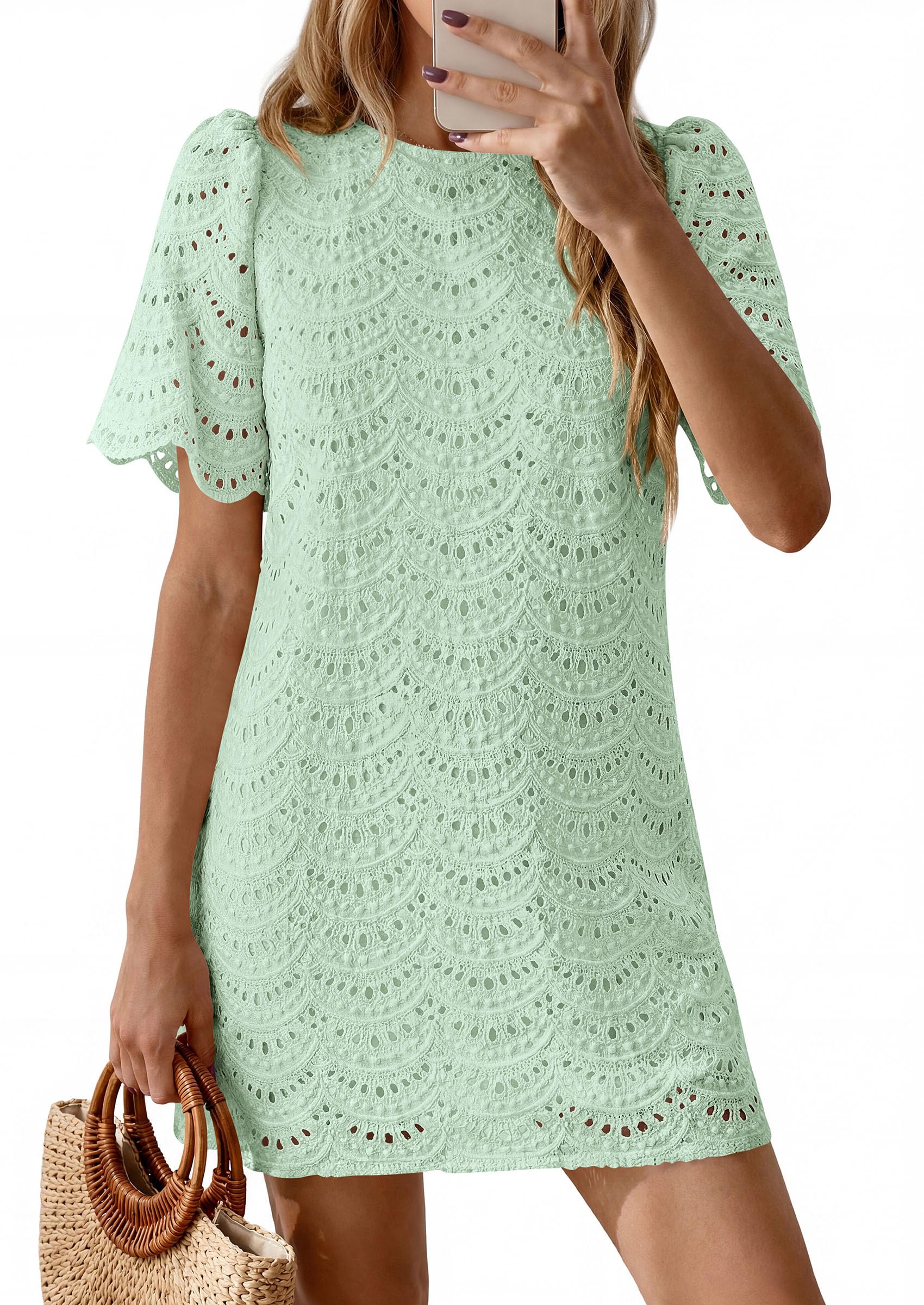 Women's Summer Eyelet Lace Short Dress (Light Green,S)