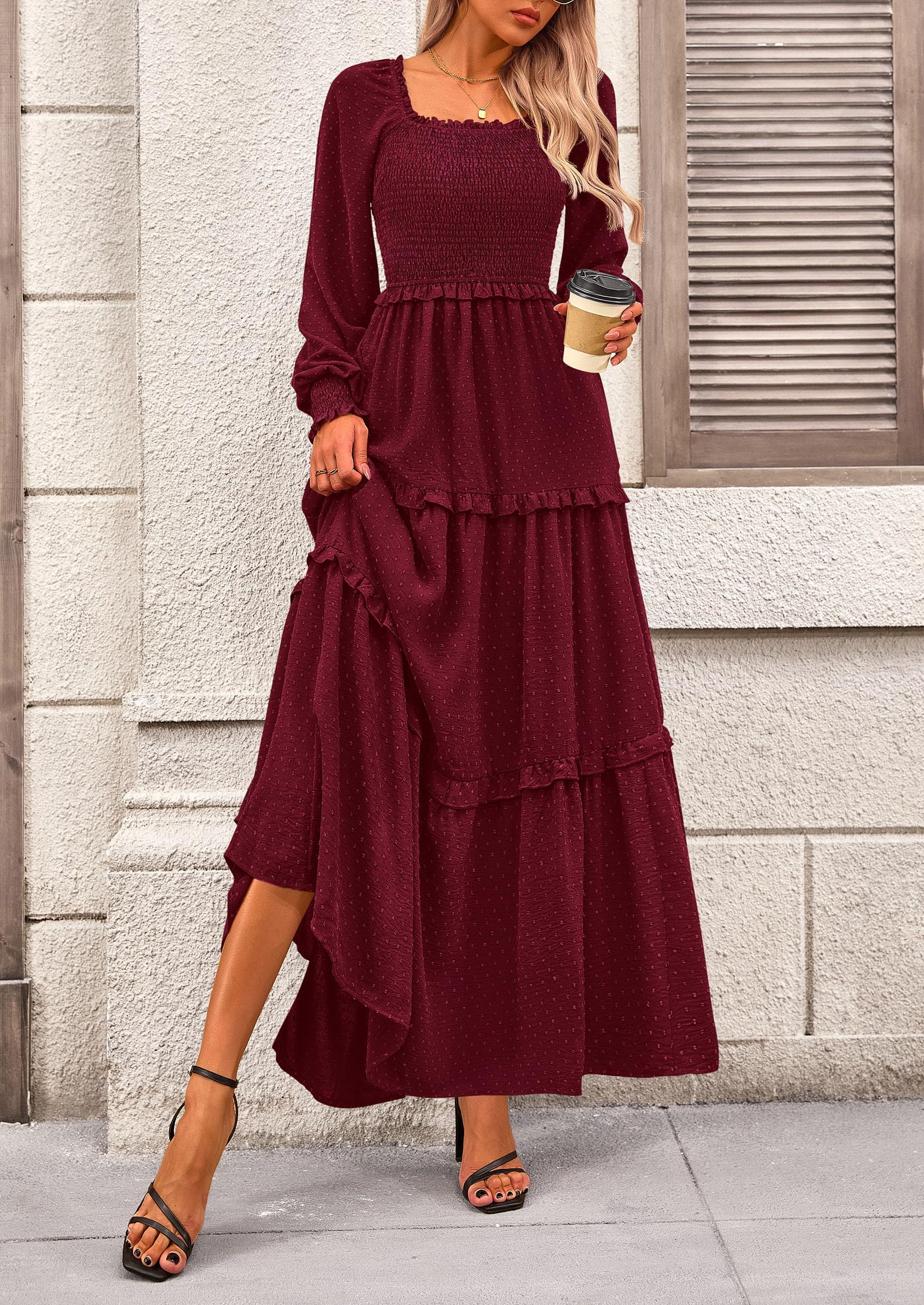 Women's Smocked Long Sleeve Maxi Dress Wedding Guest Dresses