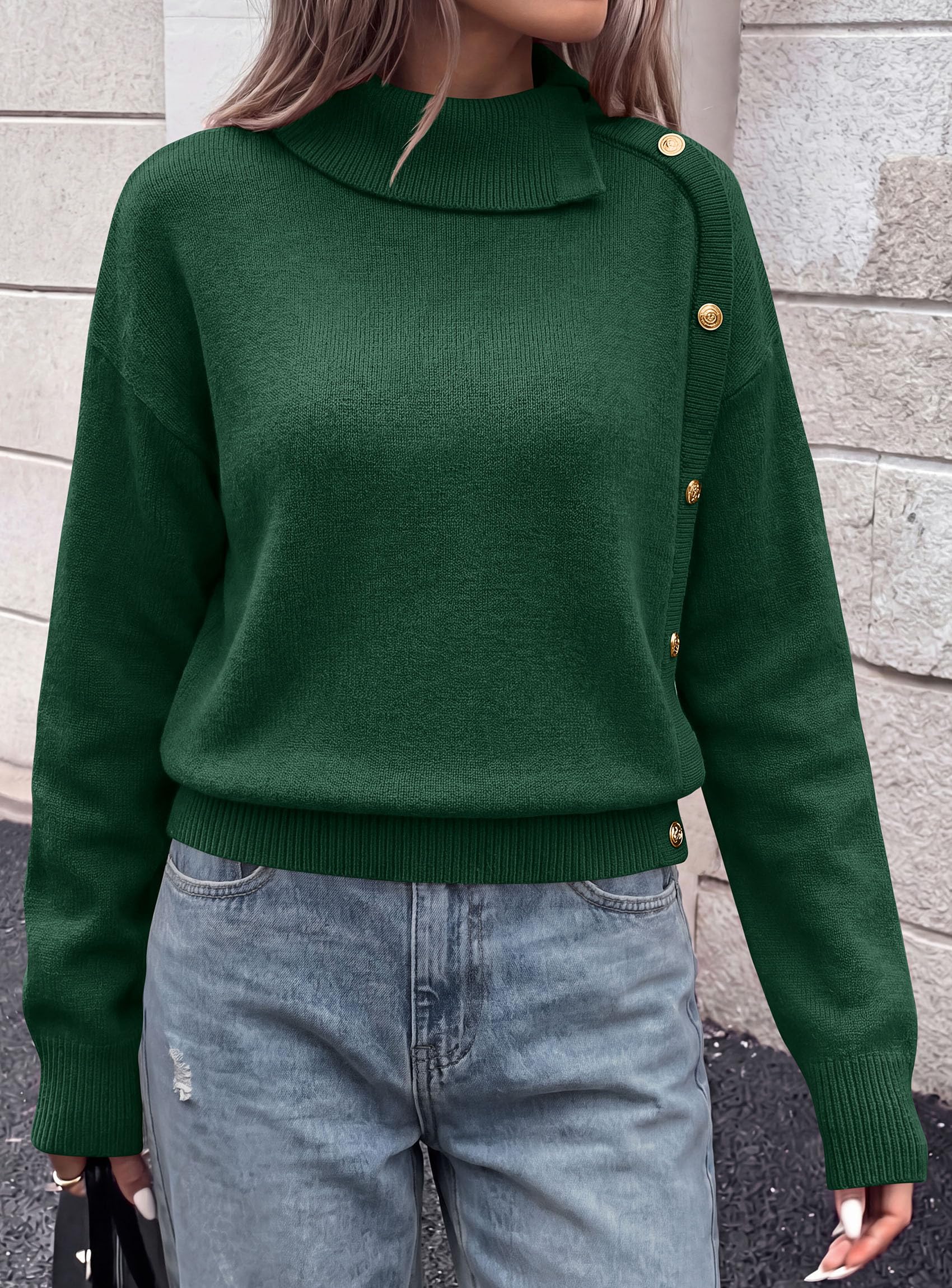 Womens Turtleneck Sweater Pullover Side Button Fall Clothes