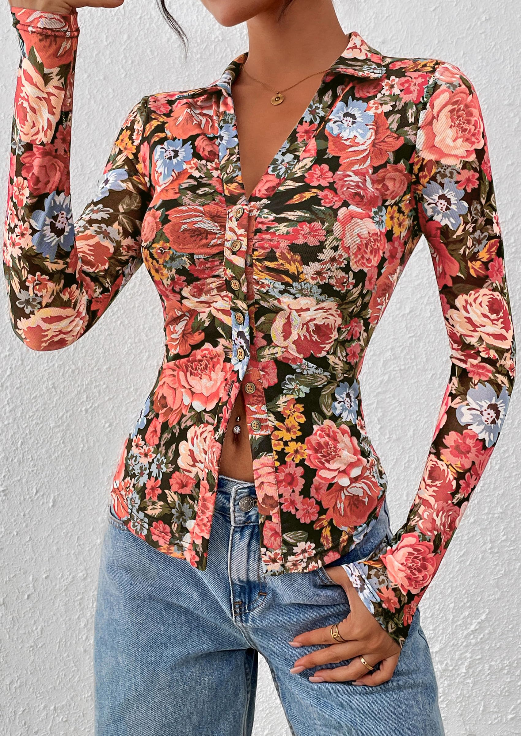 Women's Button Down Shirts Boho Mesh Floral Going Out Tops