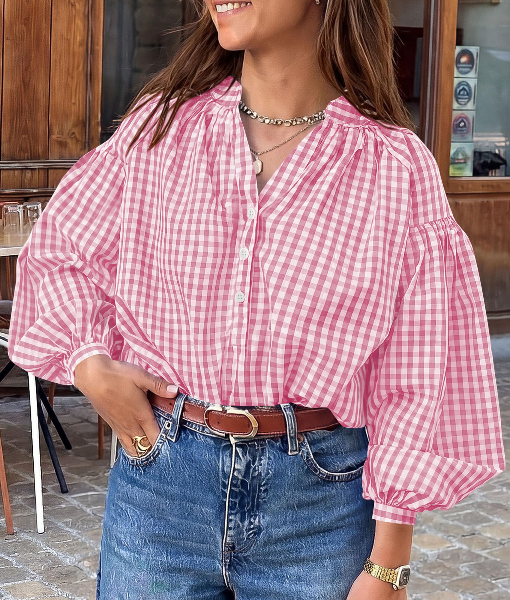 Women Fall Plaid Long Puff Sleeve Shirts V Neck Casual Blouses
