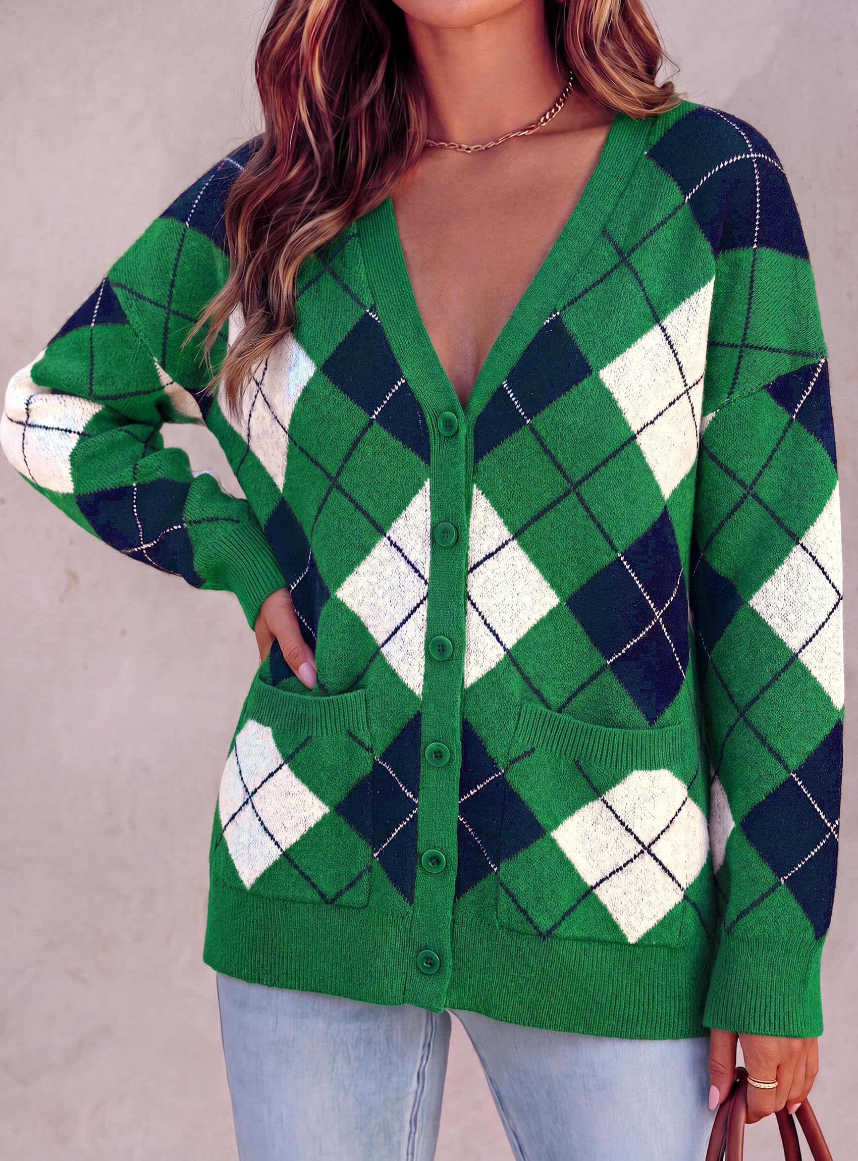 Women's Cardigan Argyle Winter Sweaters (Plaid Green,S)