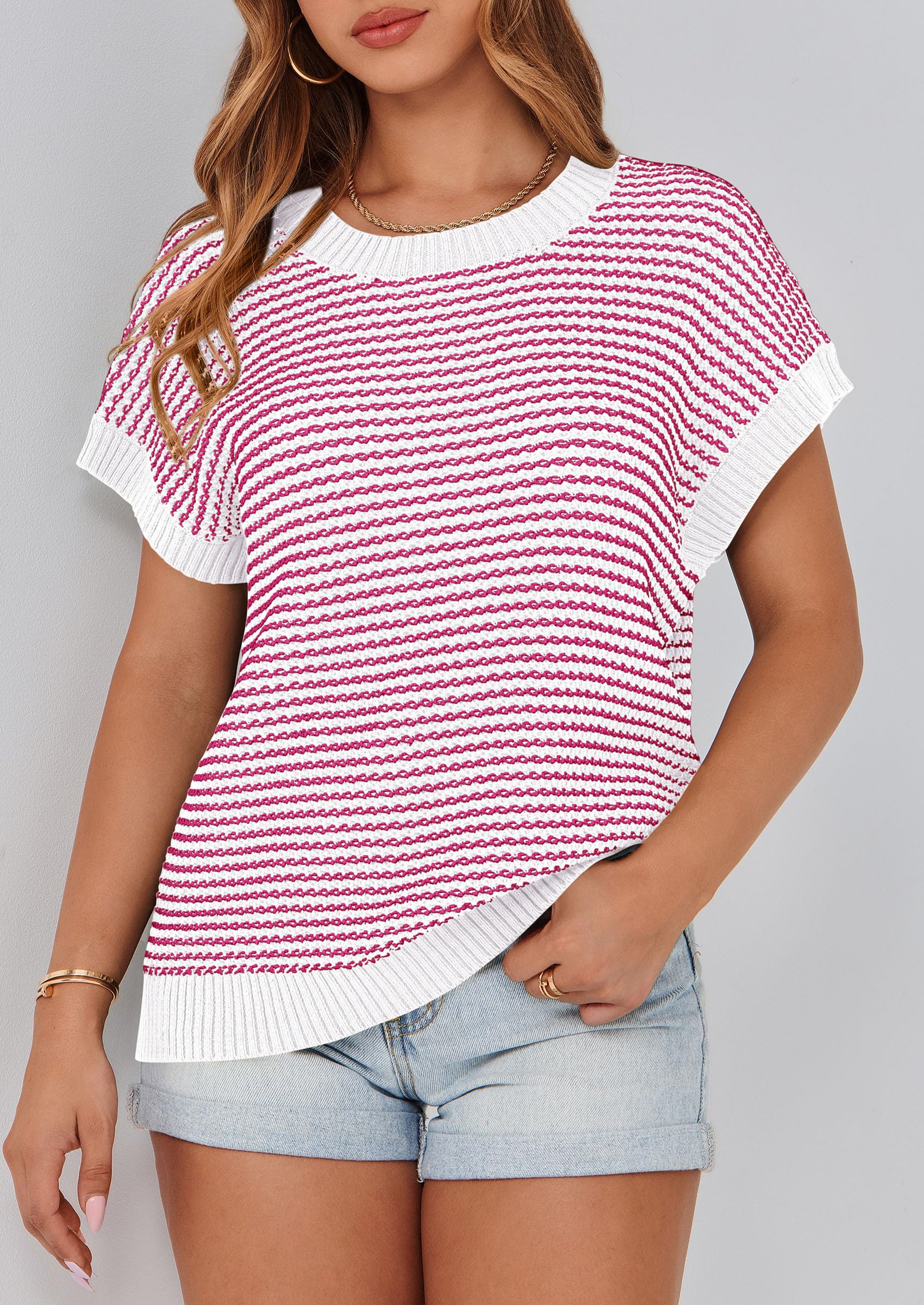 Women's Striped Short Sleeve Sweater Vest Rose Red,S
