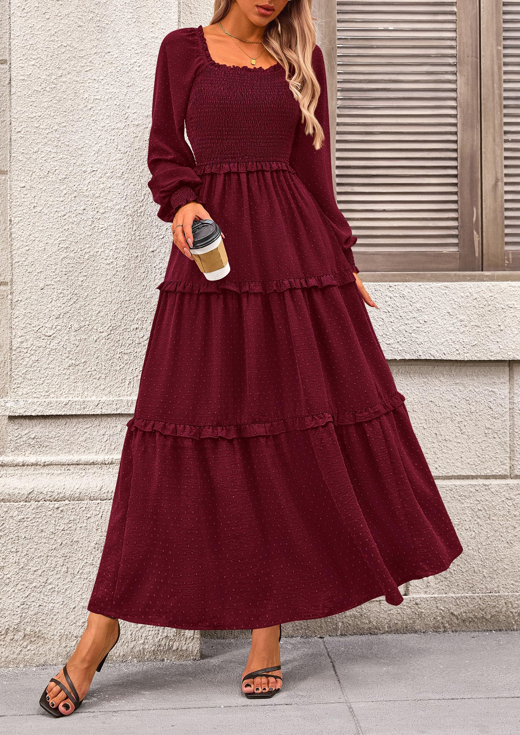 Women's Smocked Long Sleeve Maxi Dress Wedding Guest Dresses