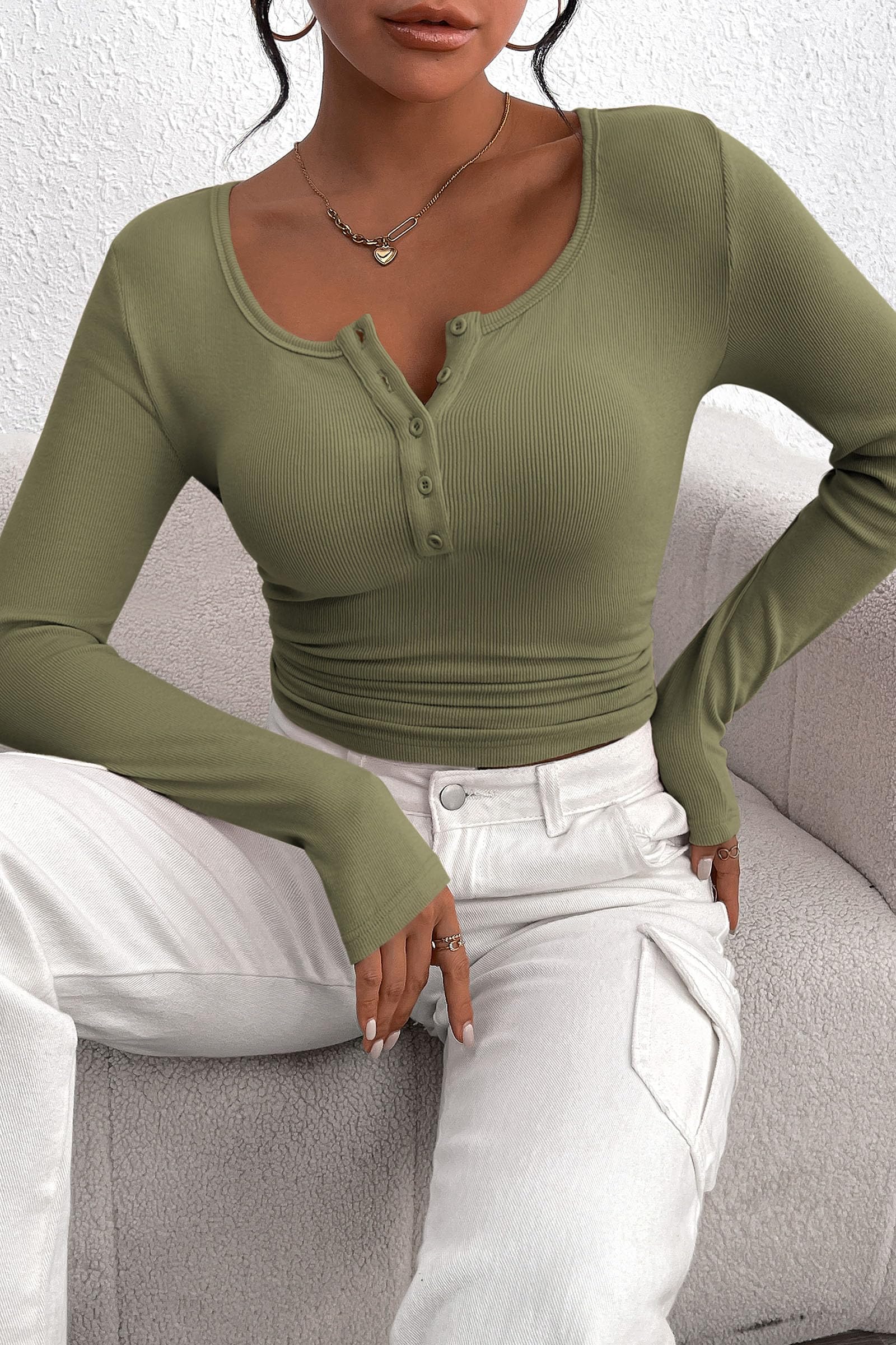 Women's Fall Long Sleeve Henley T Shirts Grey Green