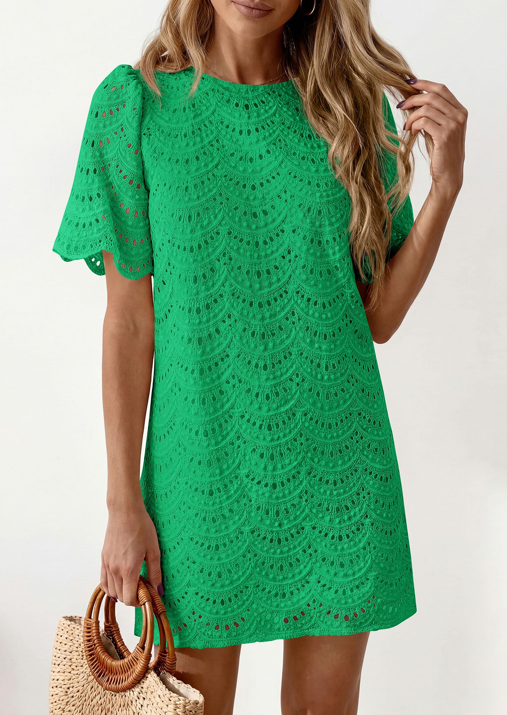 Women's Summer Eyelet Lace Short Dress (Green,S)
