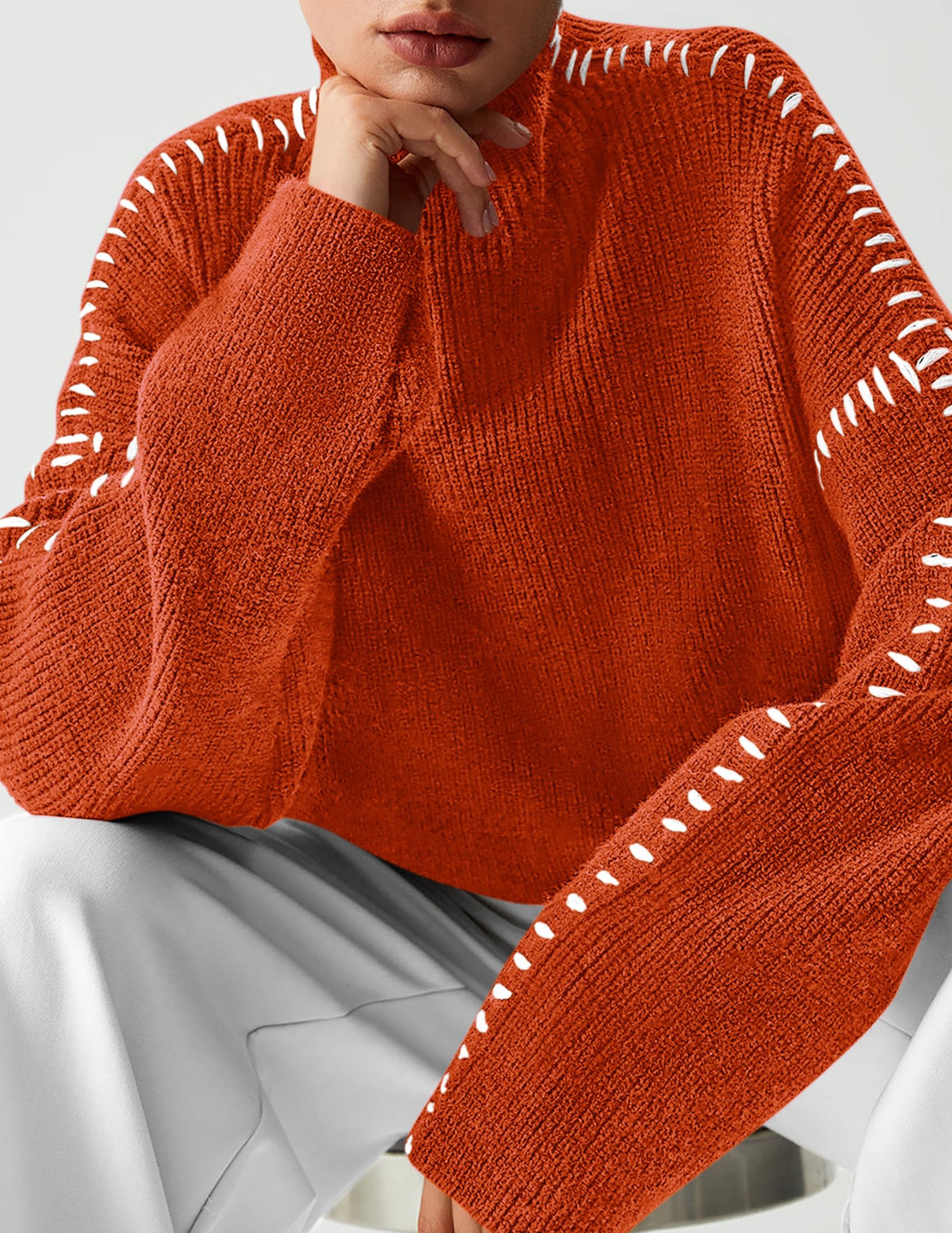 Womens Chunky Knit Oversized Pullover Sweaters,Rust Red,S