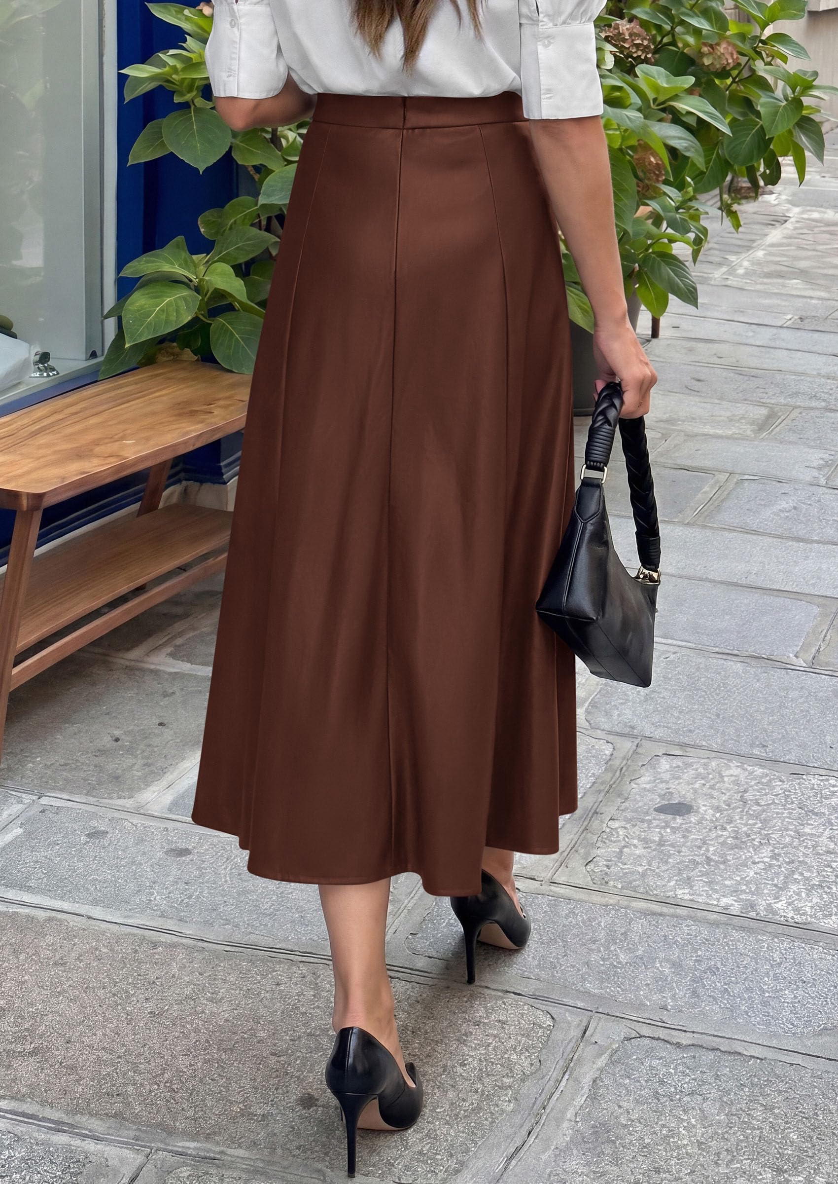 Womens Faux Leather High Waisted Midi Skirt,Coffee,S
