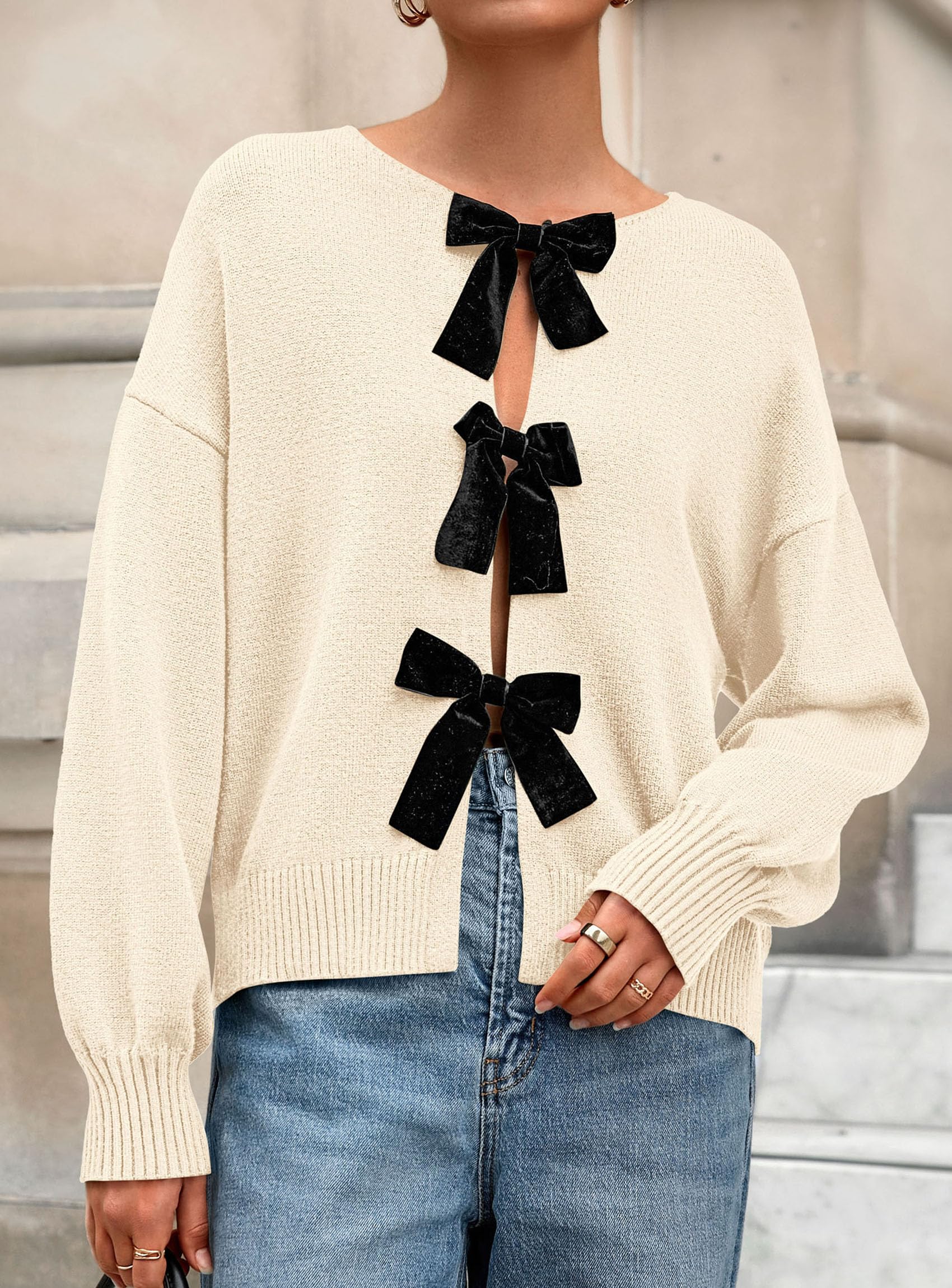 Women's Fall Bow Tie Front Cardigan Sweaters,Beige,S