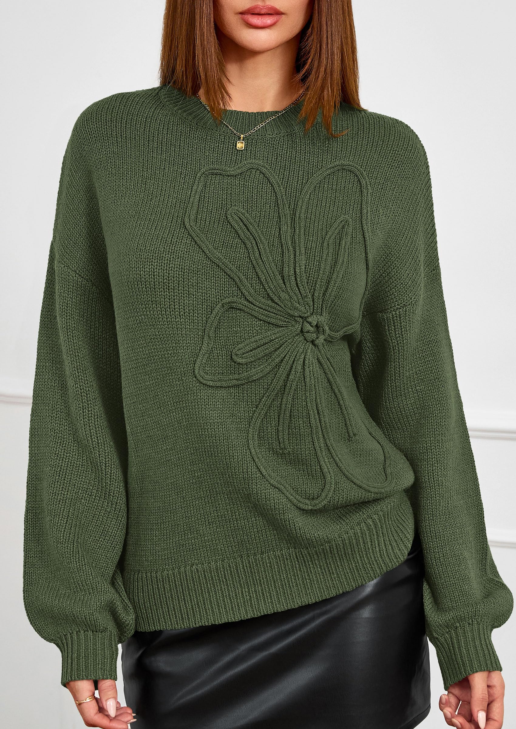 Women's Oversized 3D Floral Knit Sweater,Army Green,S