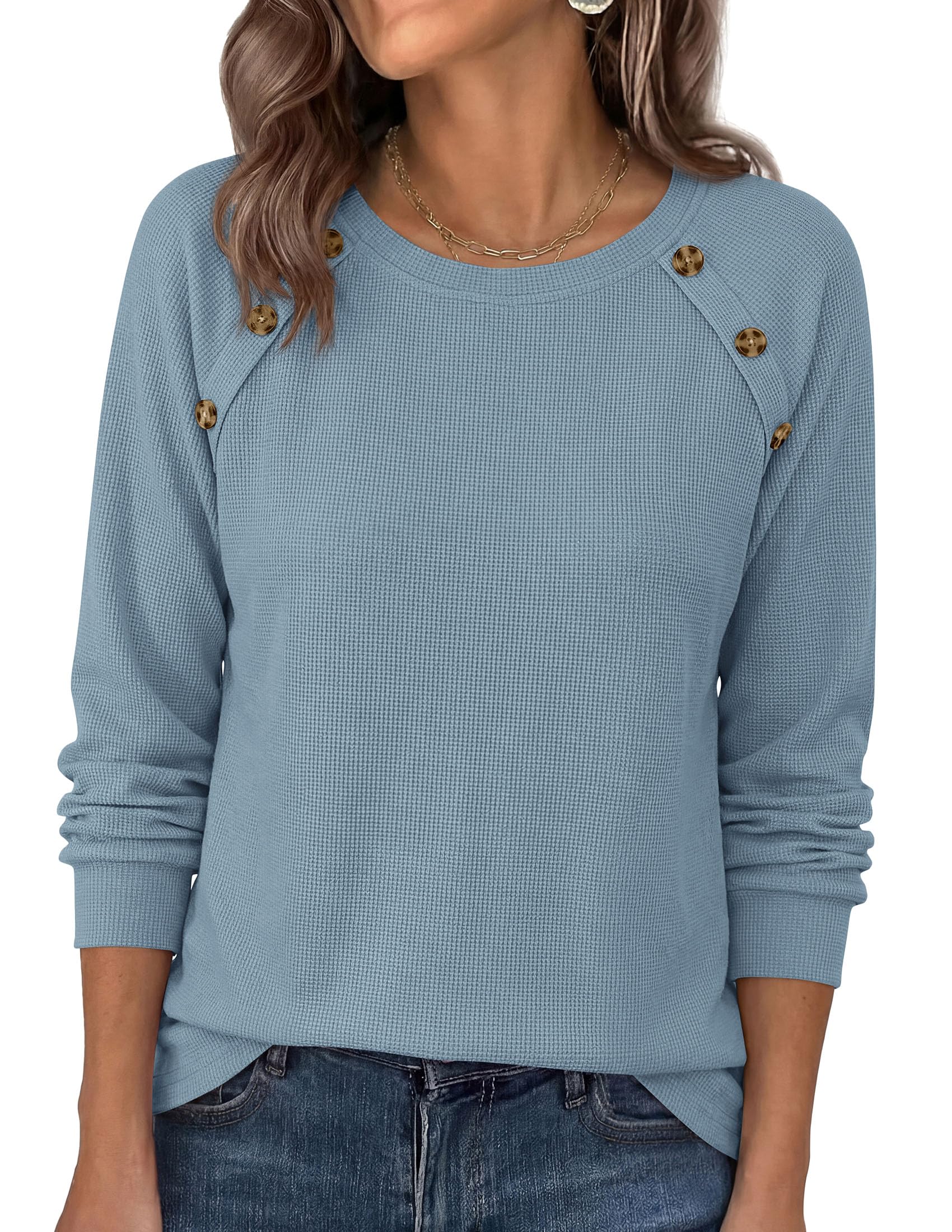 Fall Long Sleeve Waffle Knit Shirts for Women Loose Tunic Tops