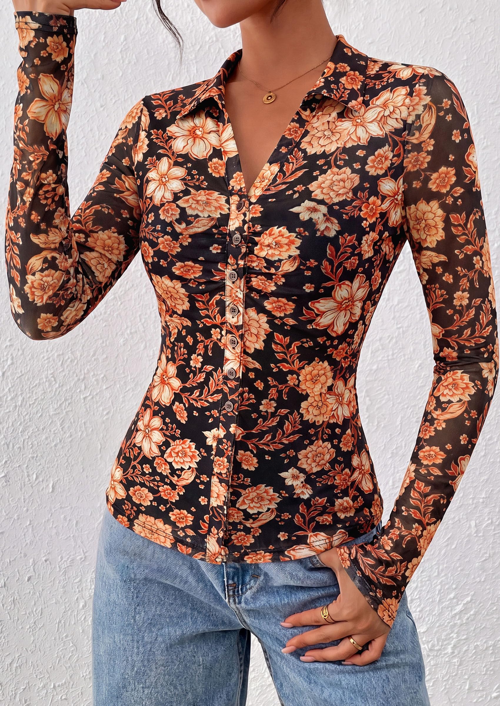 Women's Button Down Shirts Boho Mesh Floral Going Out Tops