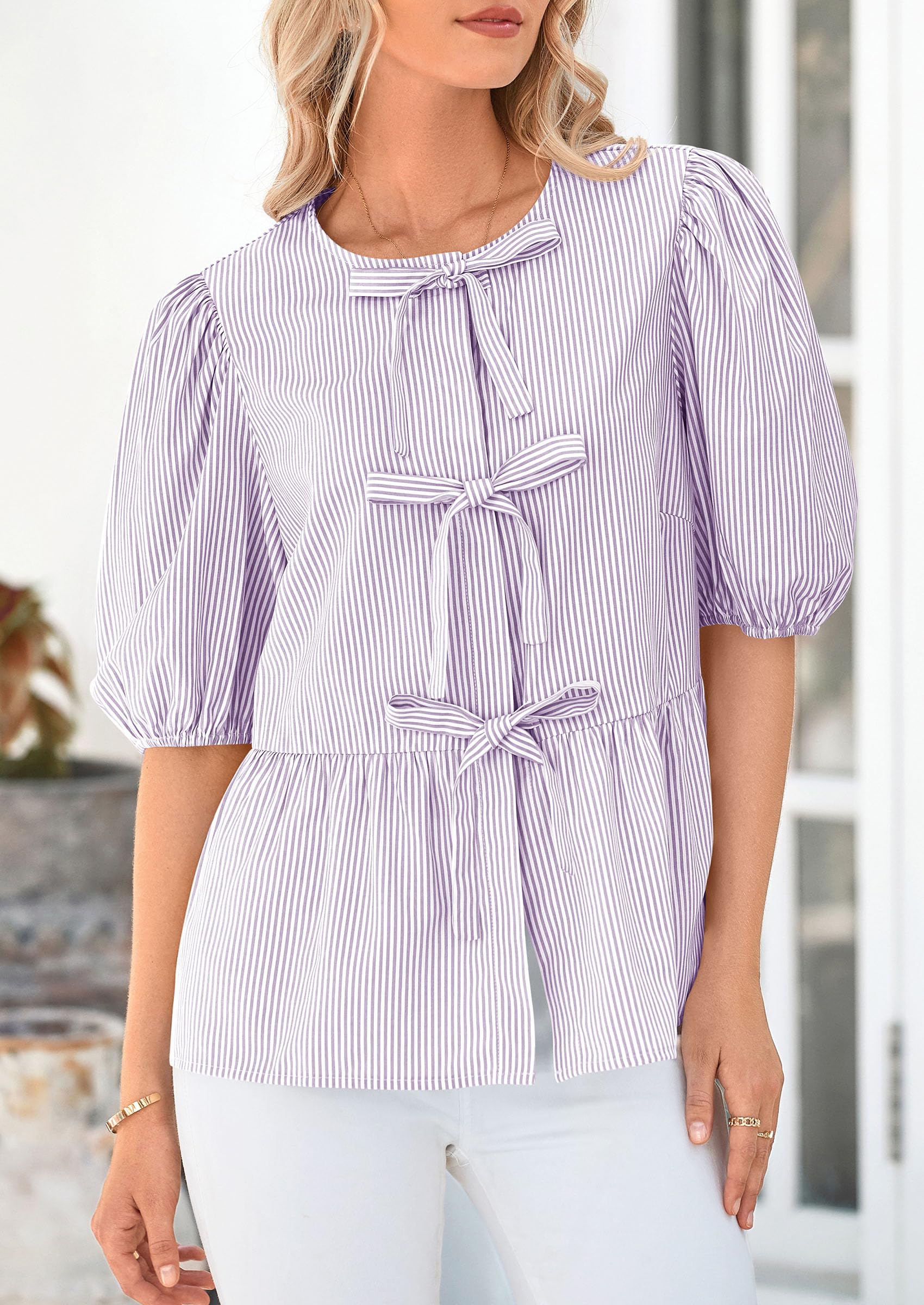 Women Striped Tie Front Babydoll Peplum Tops, Light Purple,S
