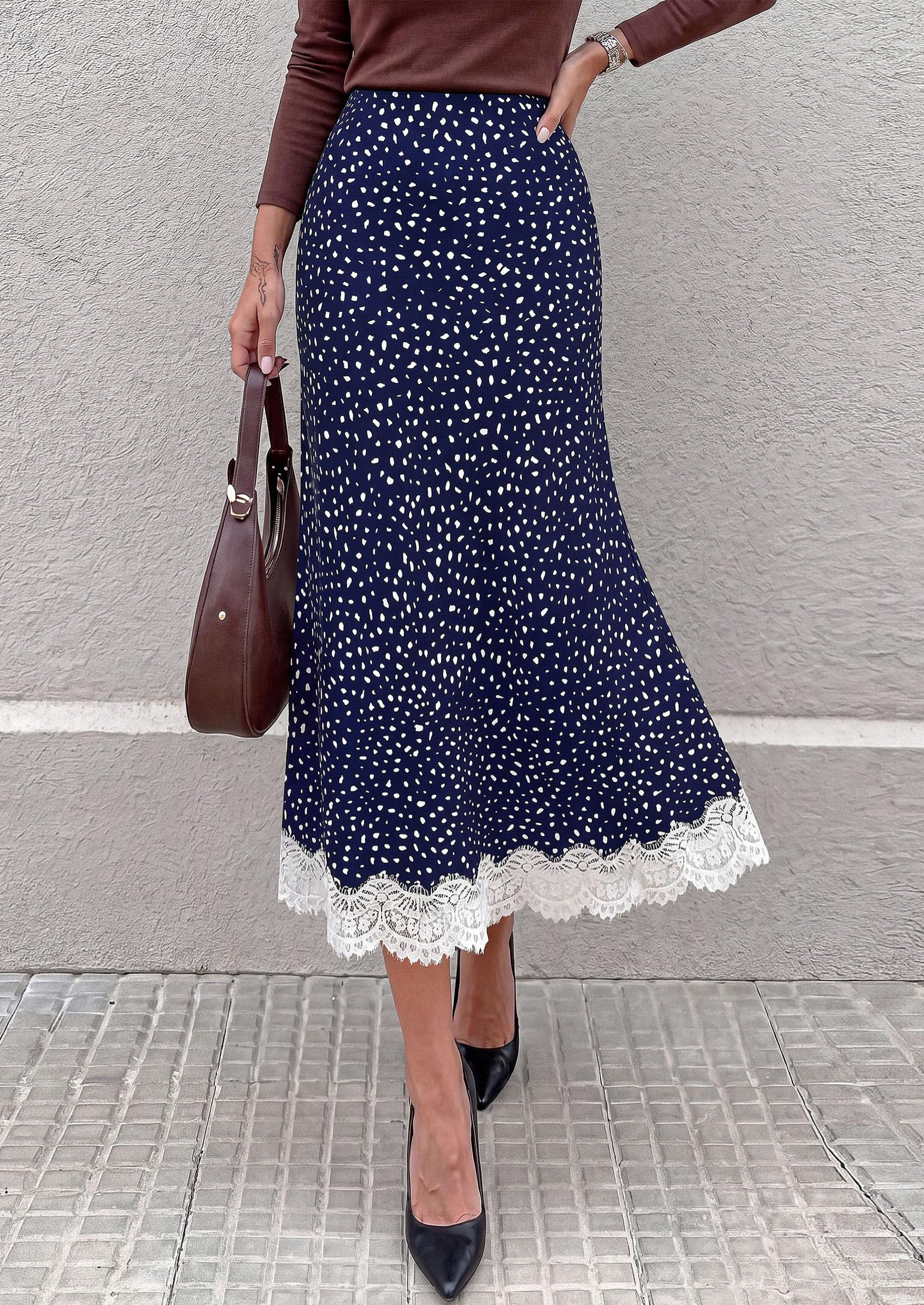 Women's Polka Dot Satin Skirt Fall Flowy Midi Leopard Skirts