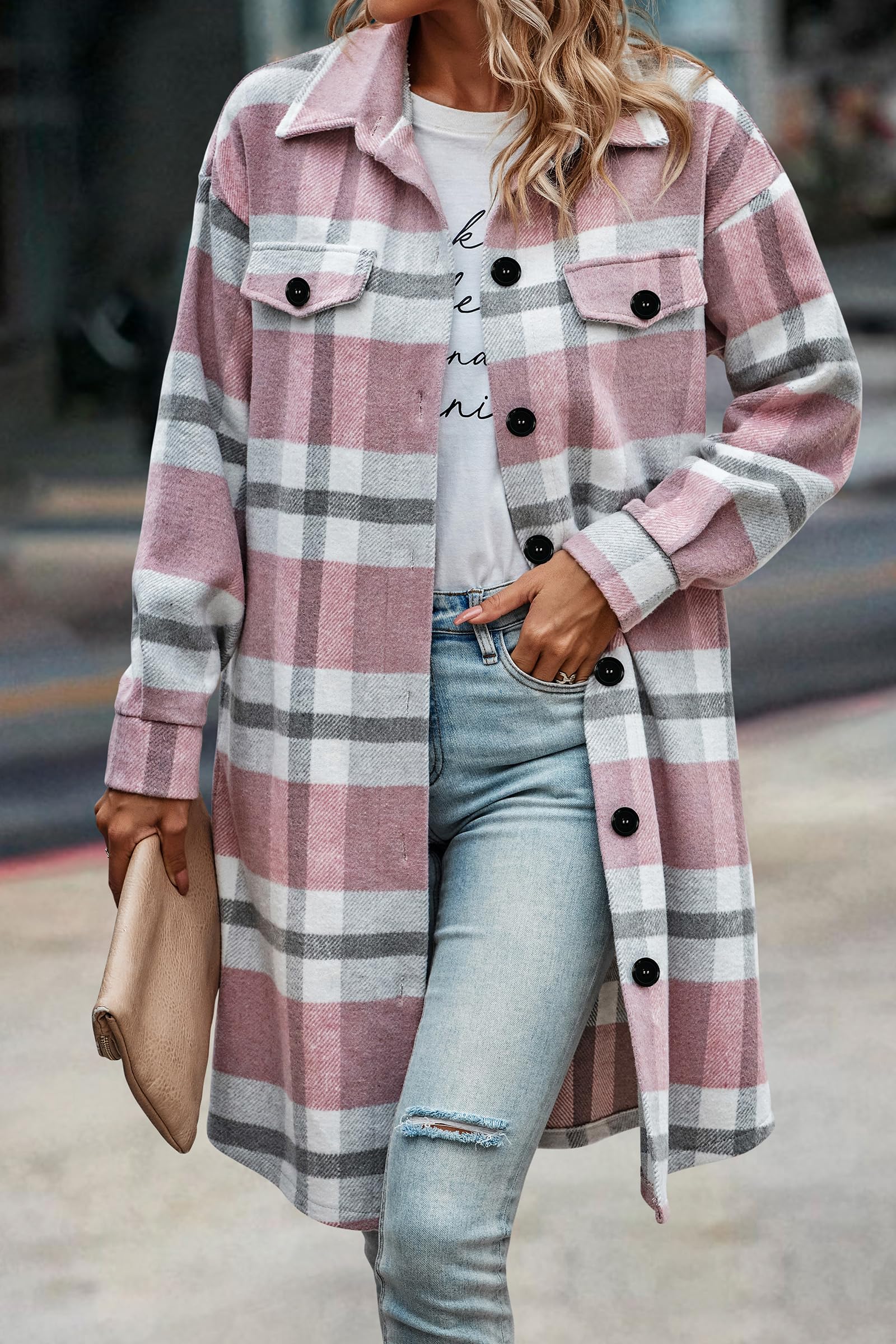 Womens Plaid Shacket Jacket Flannel Shirts,Plaid Pink,S