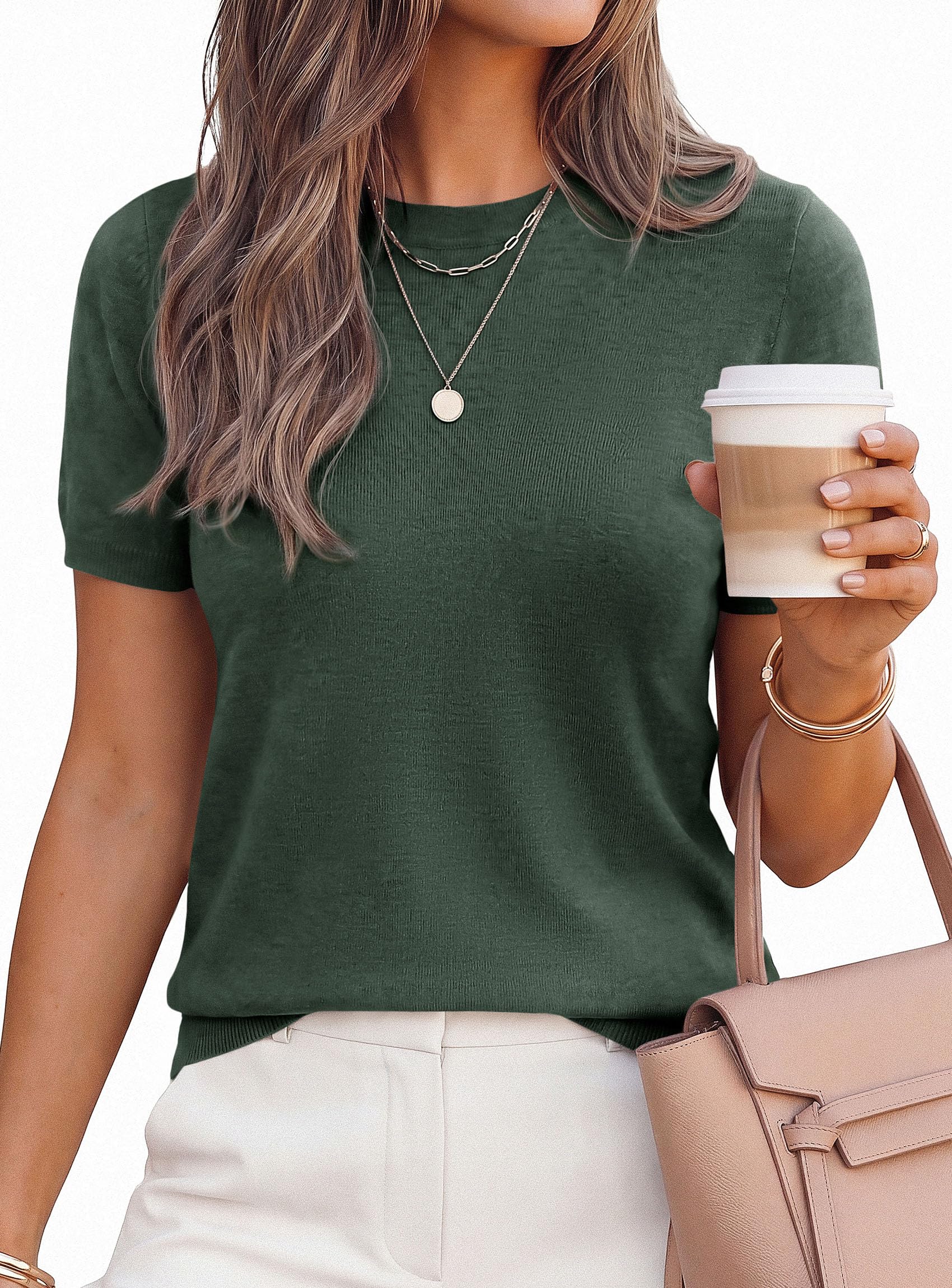 Women's Short Sleeve Sweaters Summer Tops,Army Green,S
