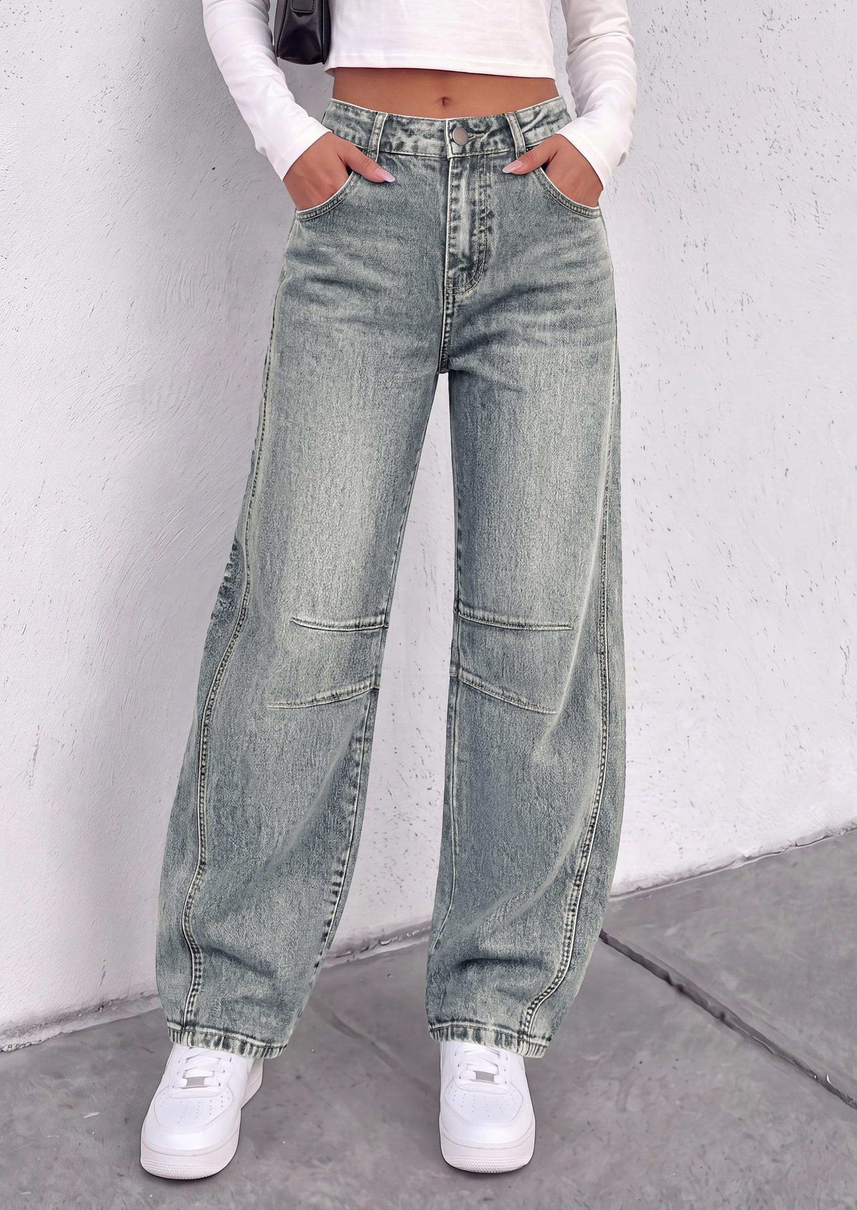 Women's Barrel Baggy Jeans High Waisted Pants (Retro Blue,4)
