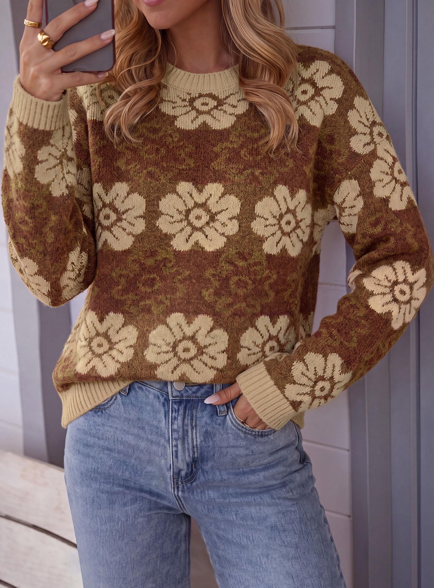 Women's Floral Crewneck Sweater Knit Pullover,Brown,S