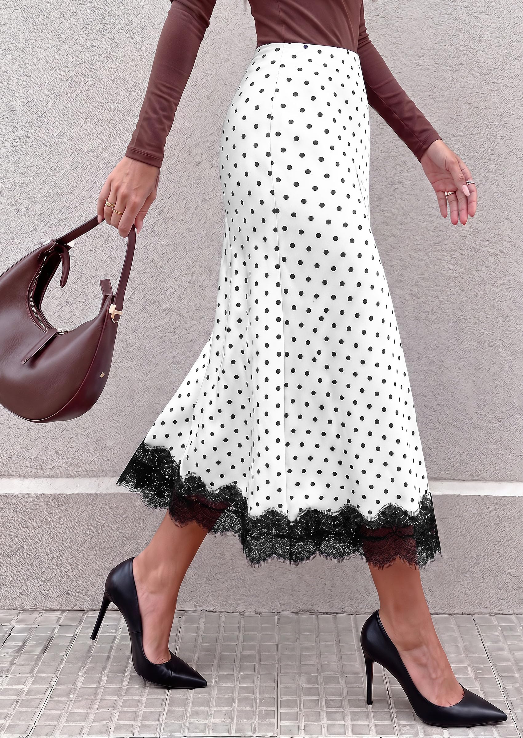 Women's Polka Dot Satin Skirt Fall Flowy Midi Leopard Skirts