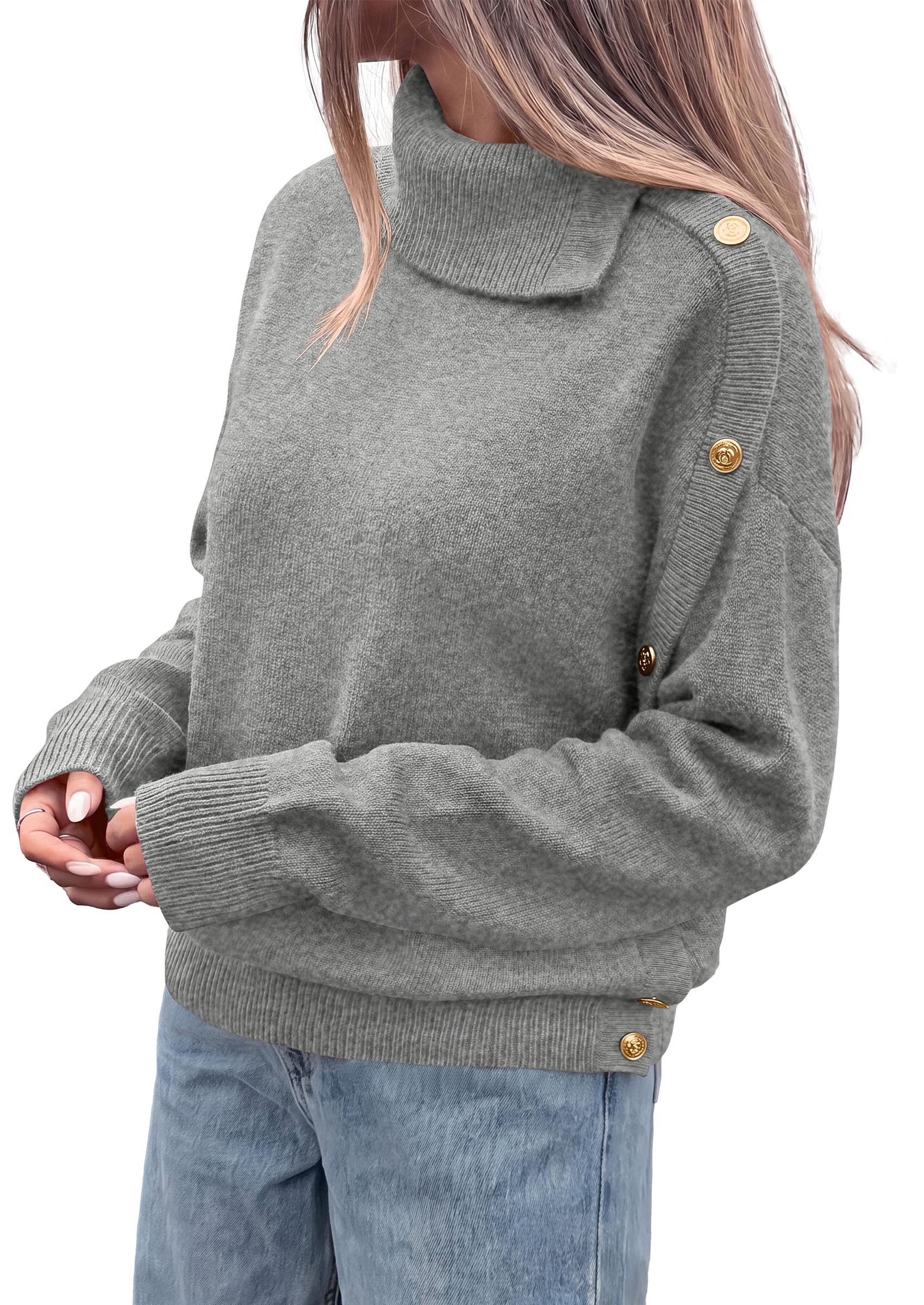 Womens Turtleneck Sweater Pullover Side Button Fall Clothes