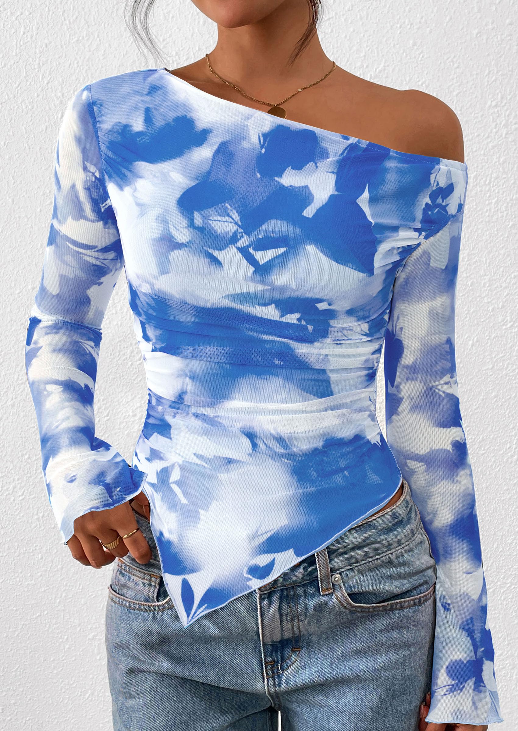 Womens Off Shoulder Mesh Y2k Tops,Floral Light Blue,XS
