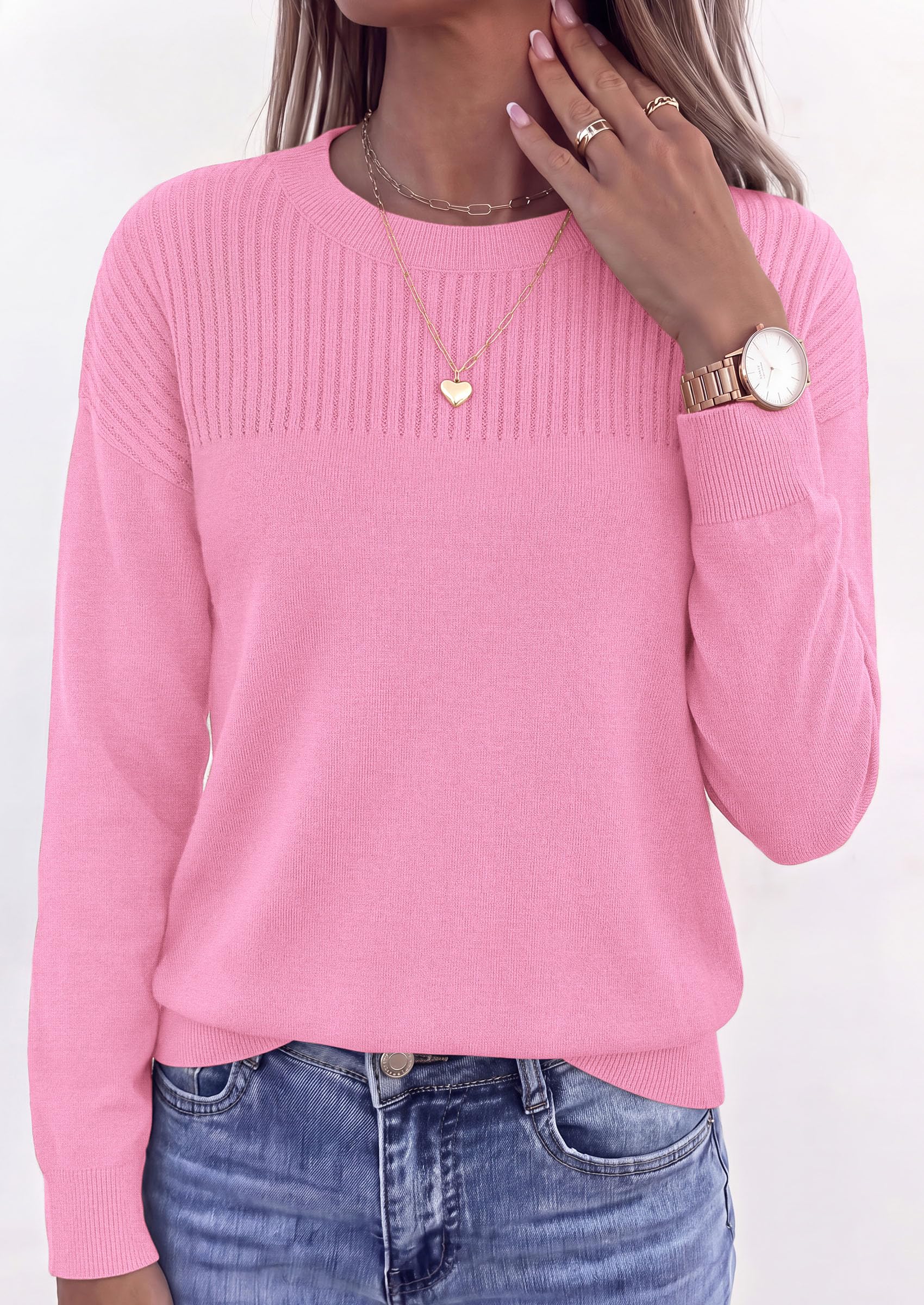 Sweaters for Women Fall Crewneck Knit Cropped Sweater Pink