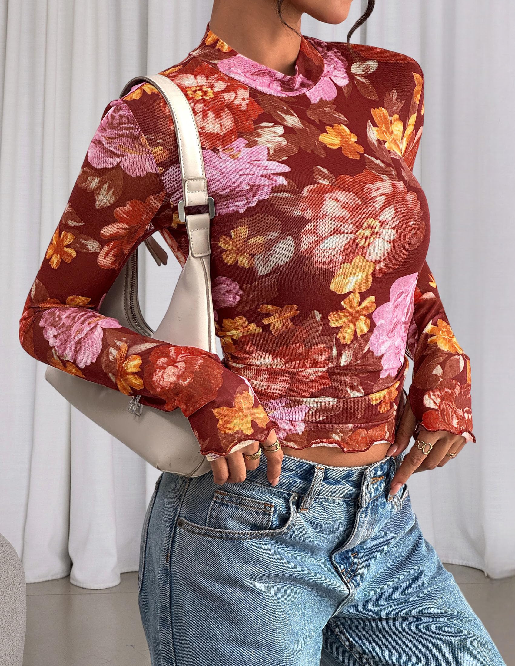 Womens Floral Mesh Long Sleeve Tops Fall Slim Fitted Shirts