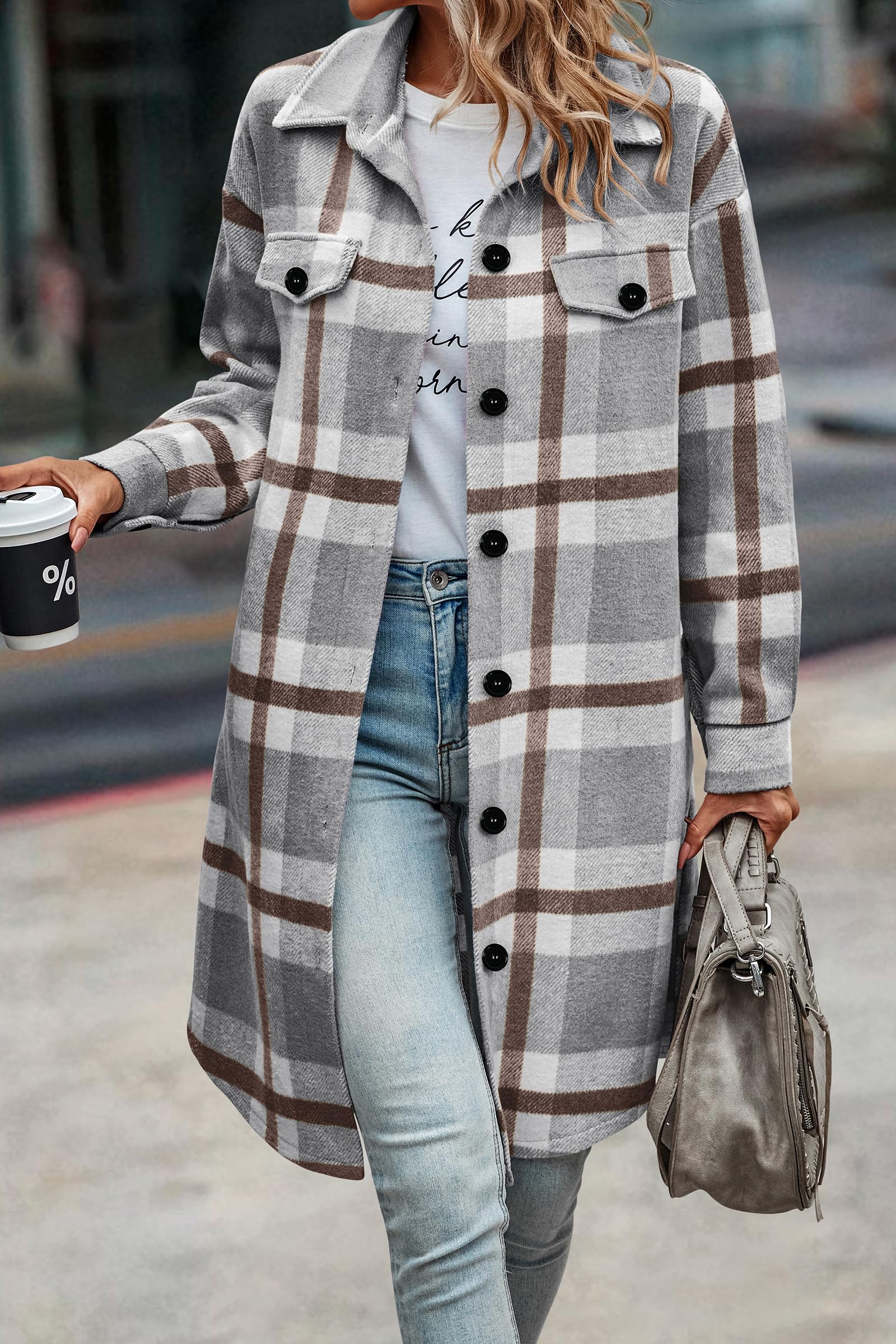 Womens Plaid Shacket Jacket Flannel Shirts,Plaid Grey,S