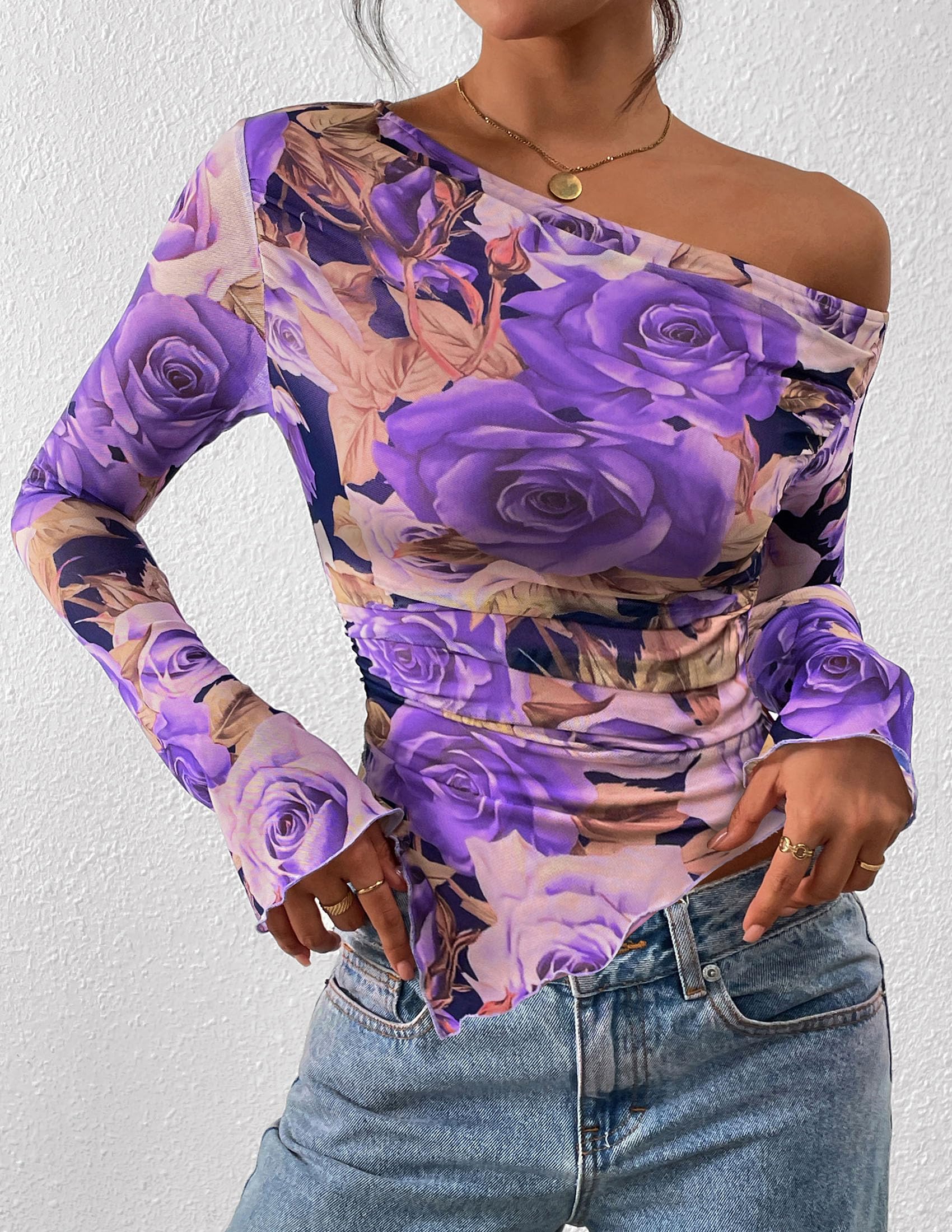 Womens Off Shoulder Mesh Y2k Tops,Floral Purple,XS
