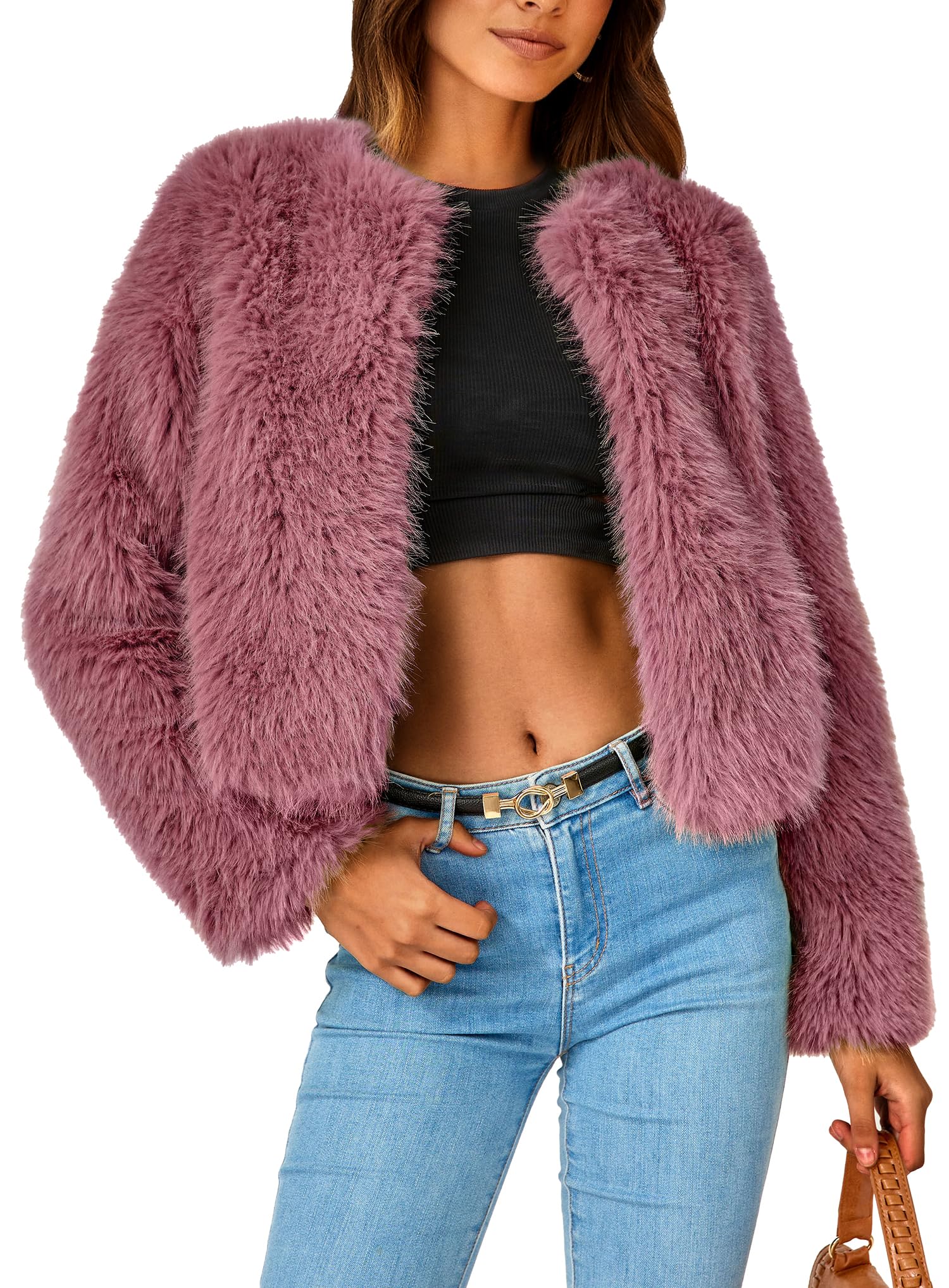Women's Winter Cropped Faux Fur Coats(Bean Paste Red,Small)
