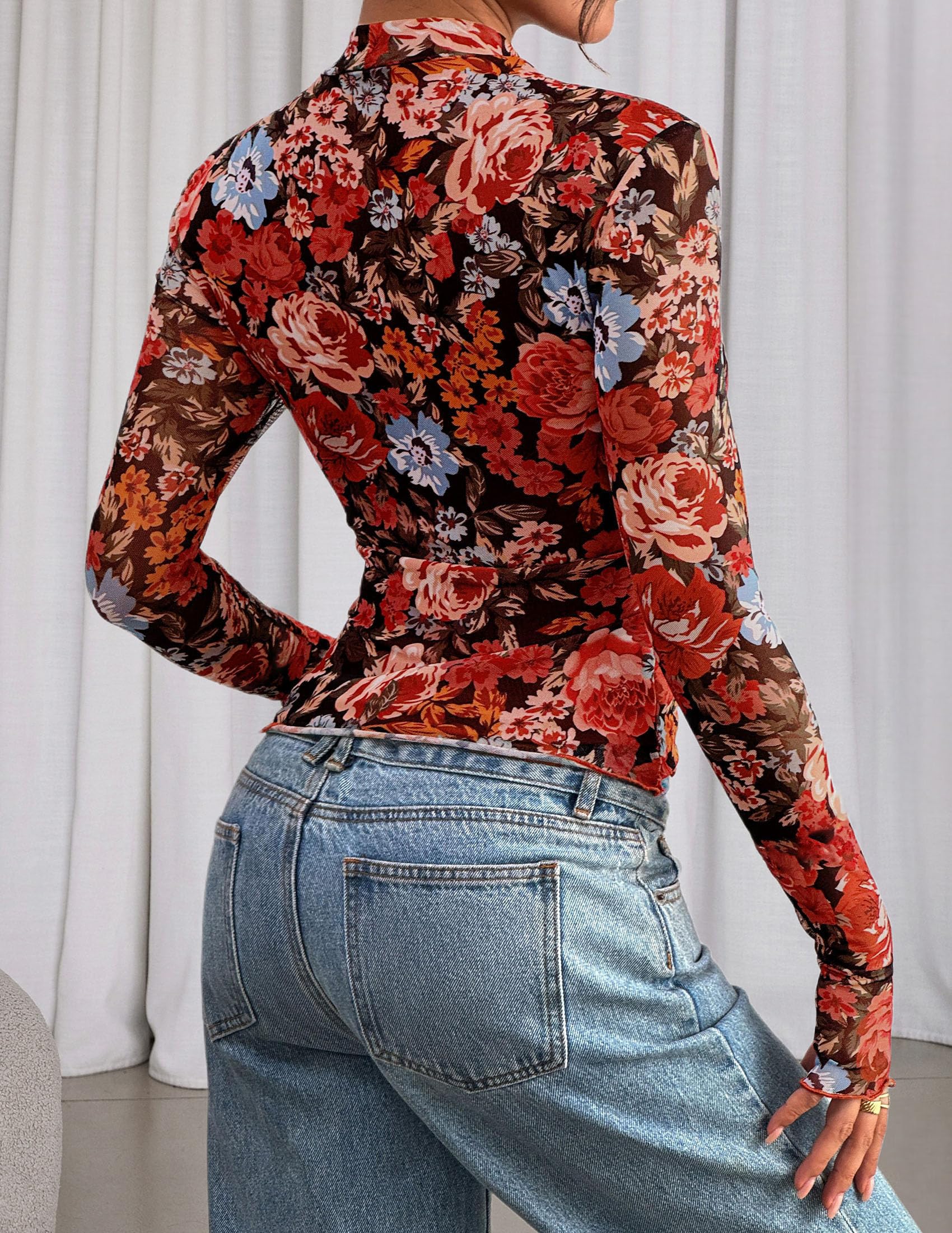 Womens Floral Mesh Long Sleeve Tops Fall Slim Fitted Shirts