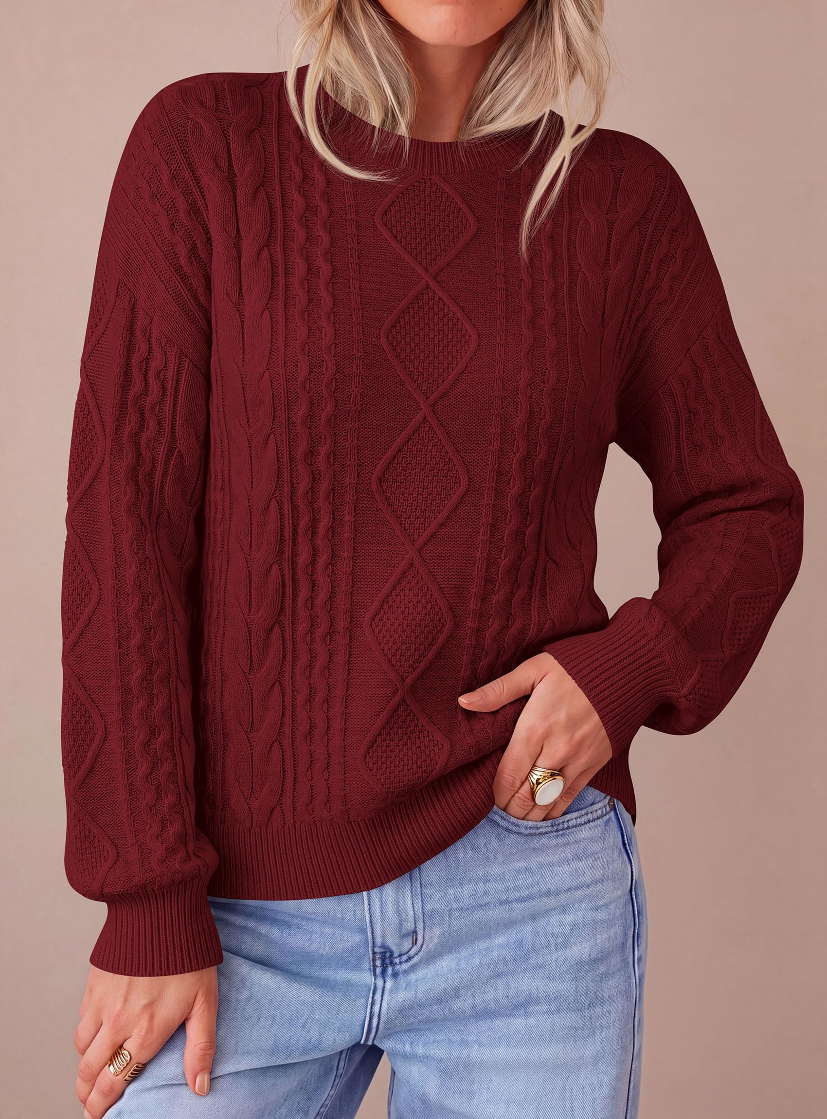 Women's Crewneck Cable Knit Sweater Pullover Tops Wine Red