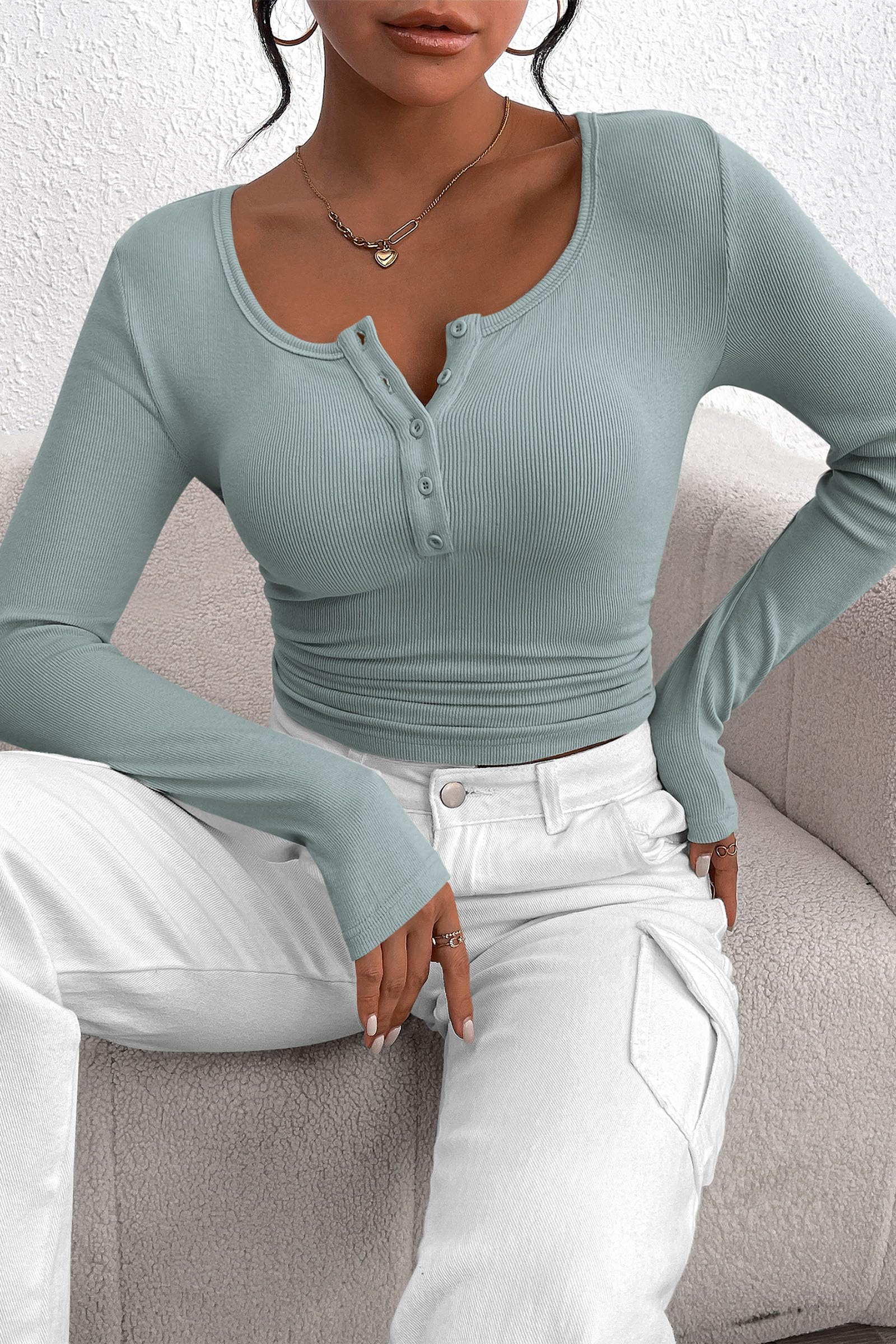 Women's Fall Long Sleeve Henley T Shirts Lake Blue