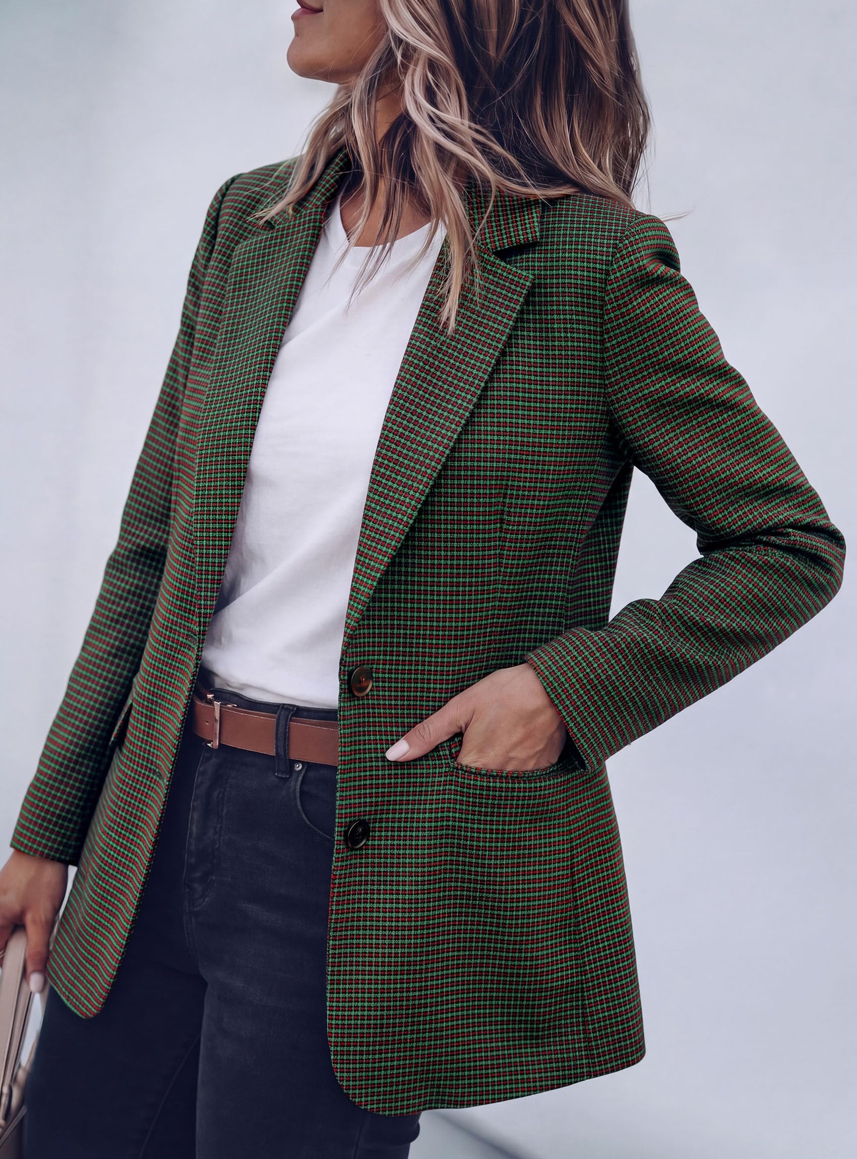 Fall Plaid Blazers for Women Business Casual Green S