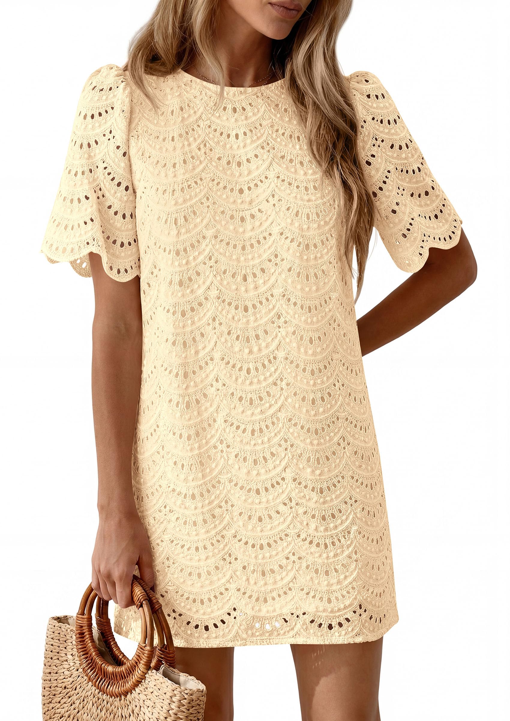 Women's Summer Eyelet Lace Short Dress (Beige,S)