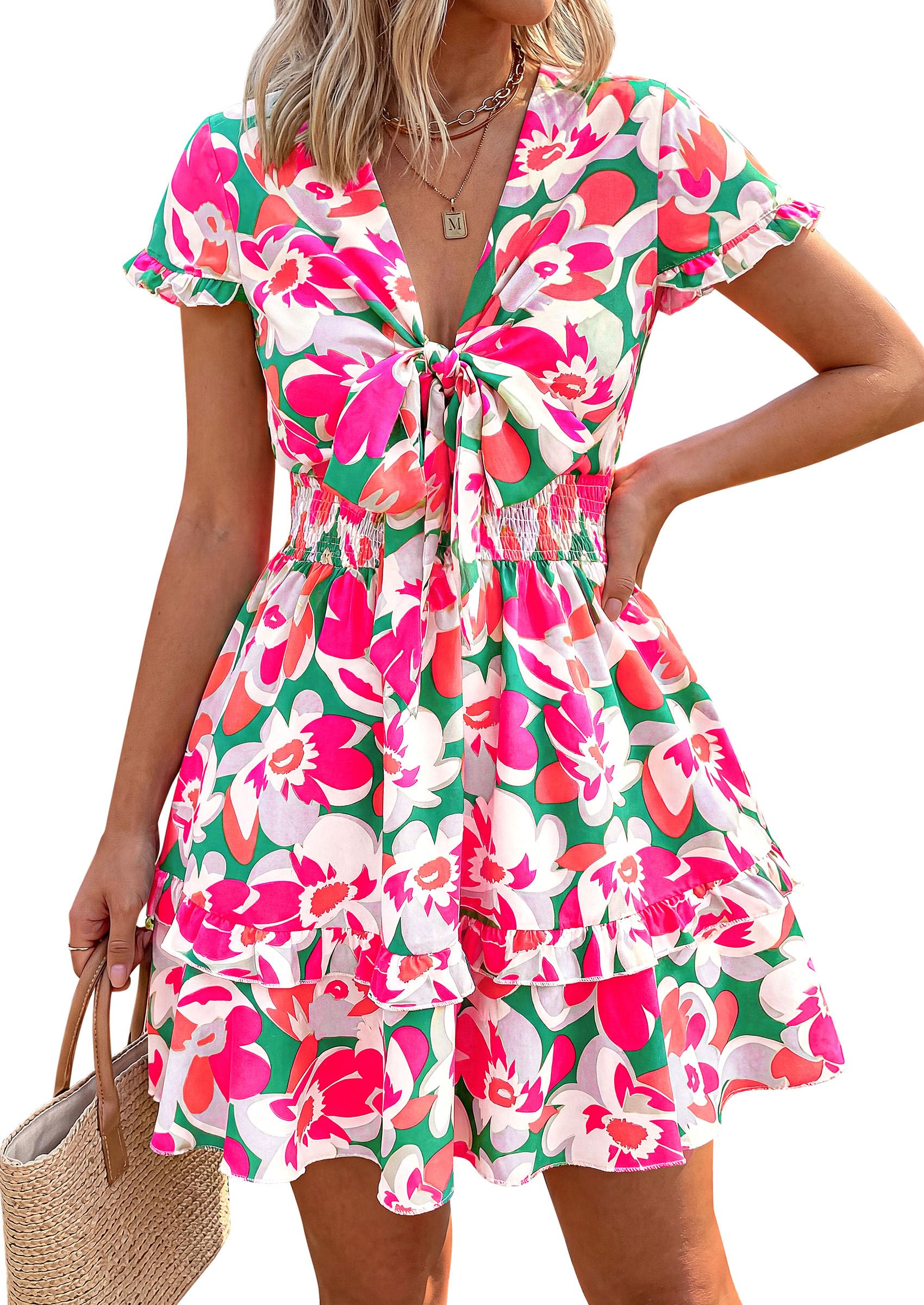 Women's Boho Floral Mini Tiered Bow Dress, Floral Green Pink,S