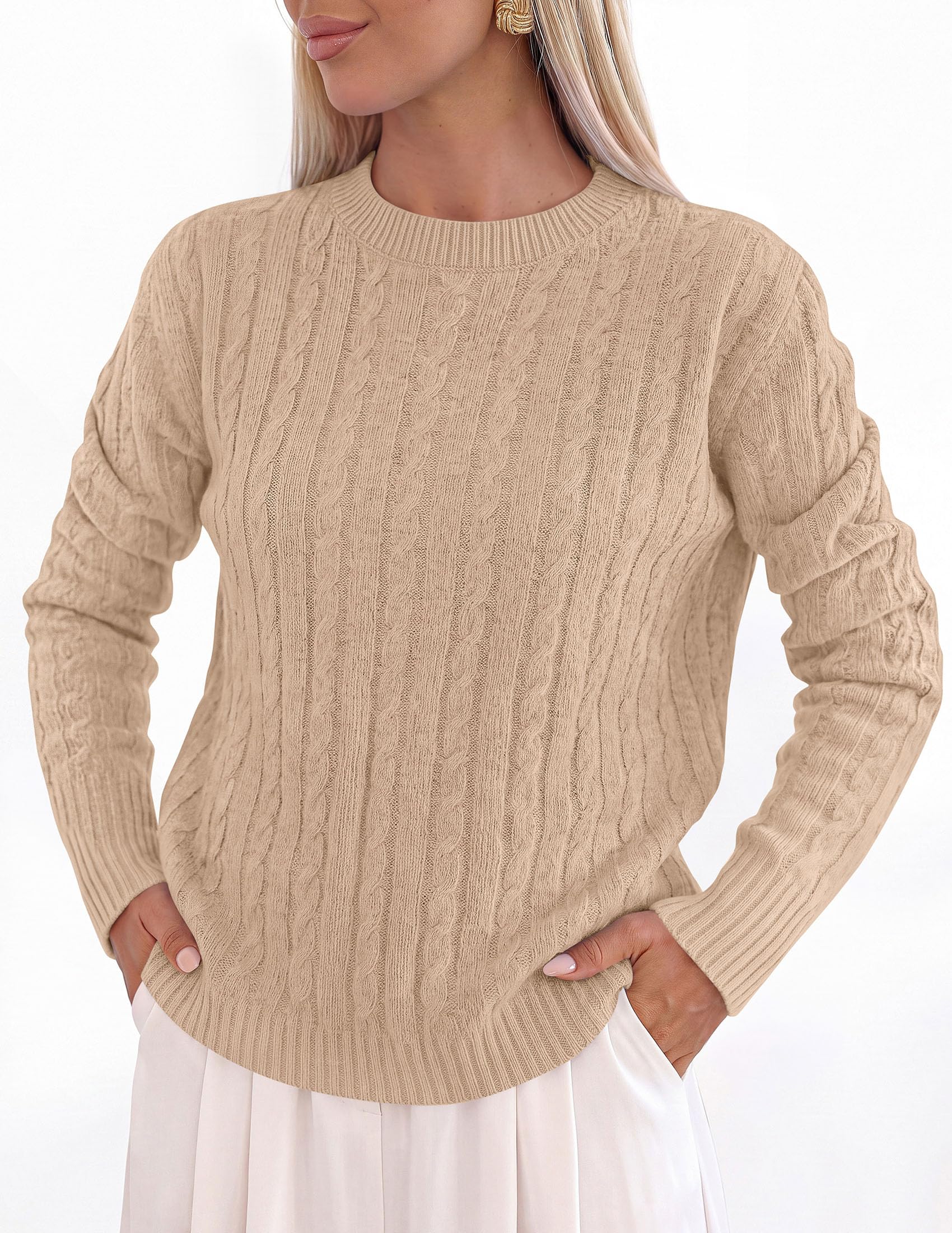 Womens Cable Knit Crewneck Fall Sweater Long Sleeve Tops 2026