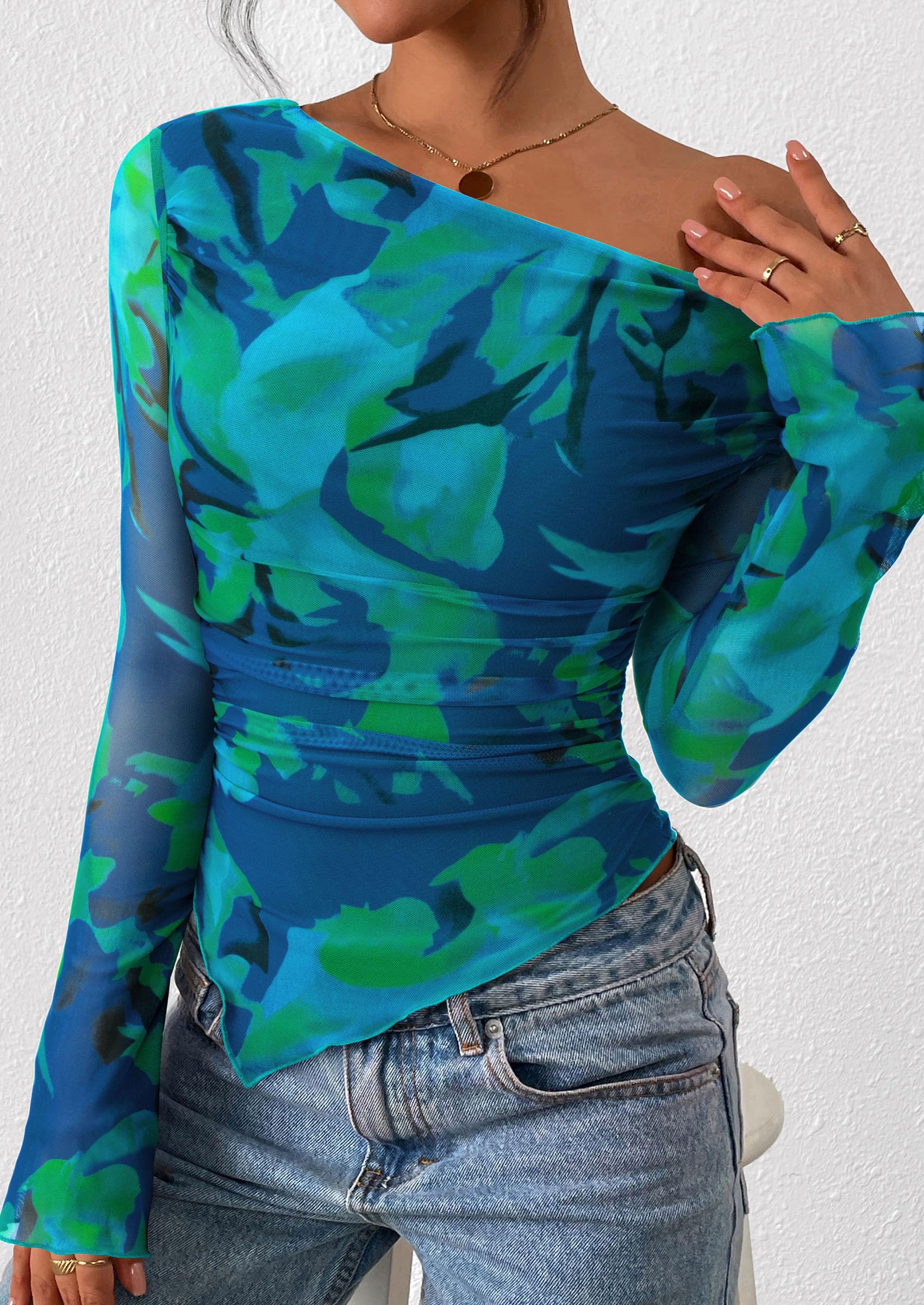 Womens Off Shoulder Mesh Y2k Tops,Floral Green,XS