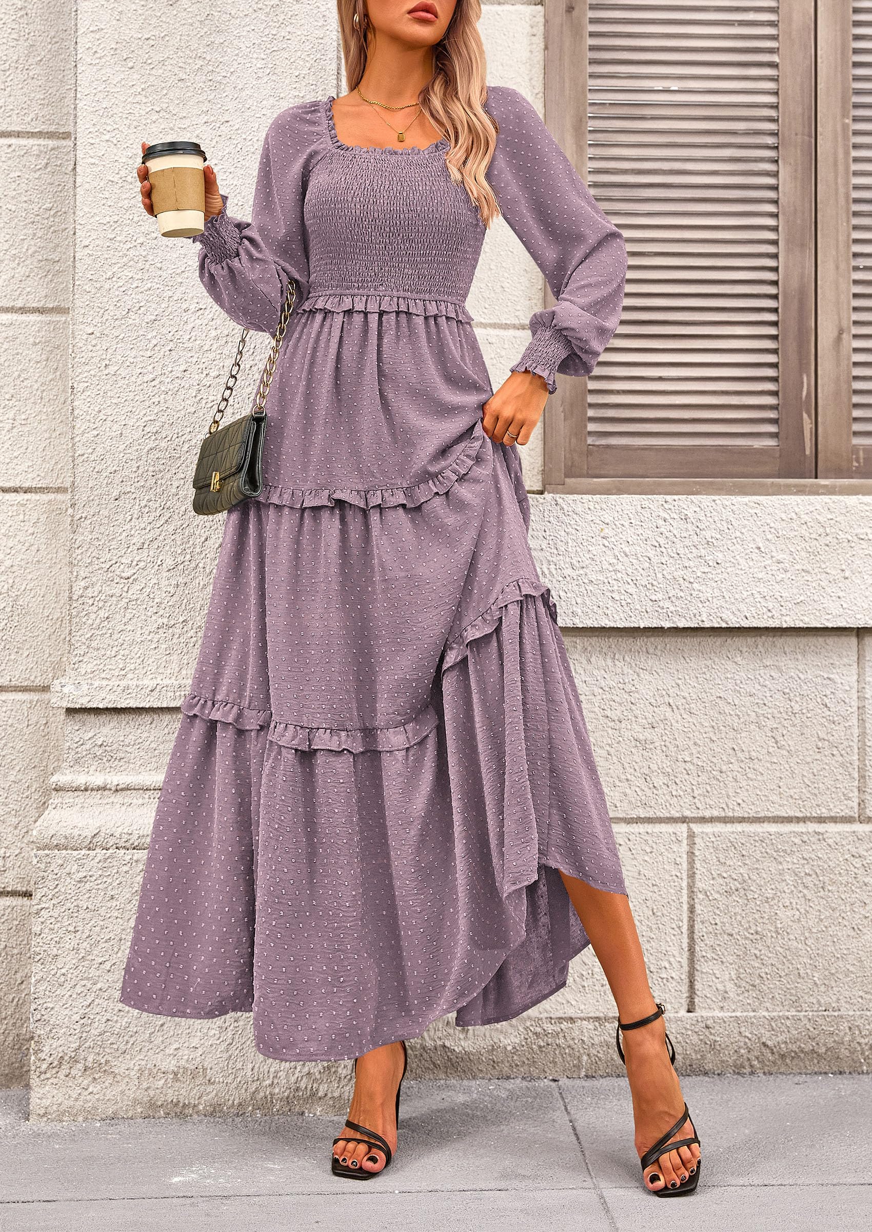Women's Smocked Long Sleeve Maxi Dress Wedding Guest Dresses