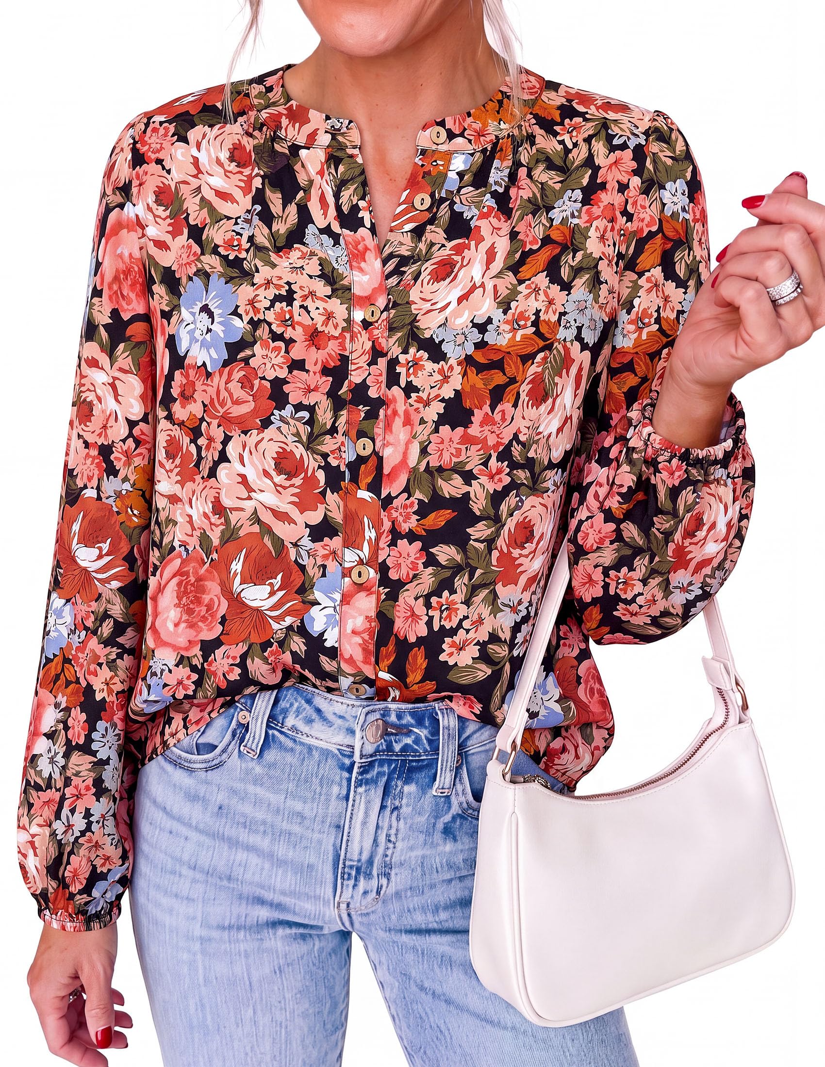 Women's Boho Tops Fall Long Sleeve Button Down Floral Blouses