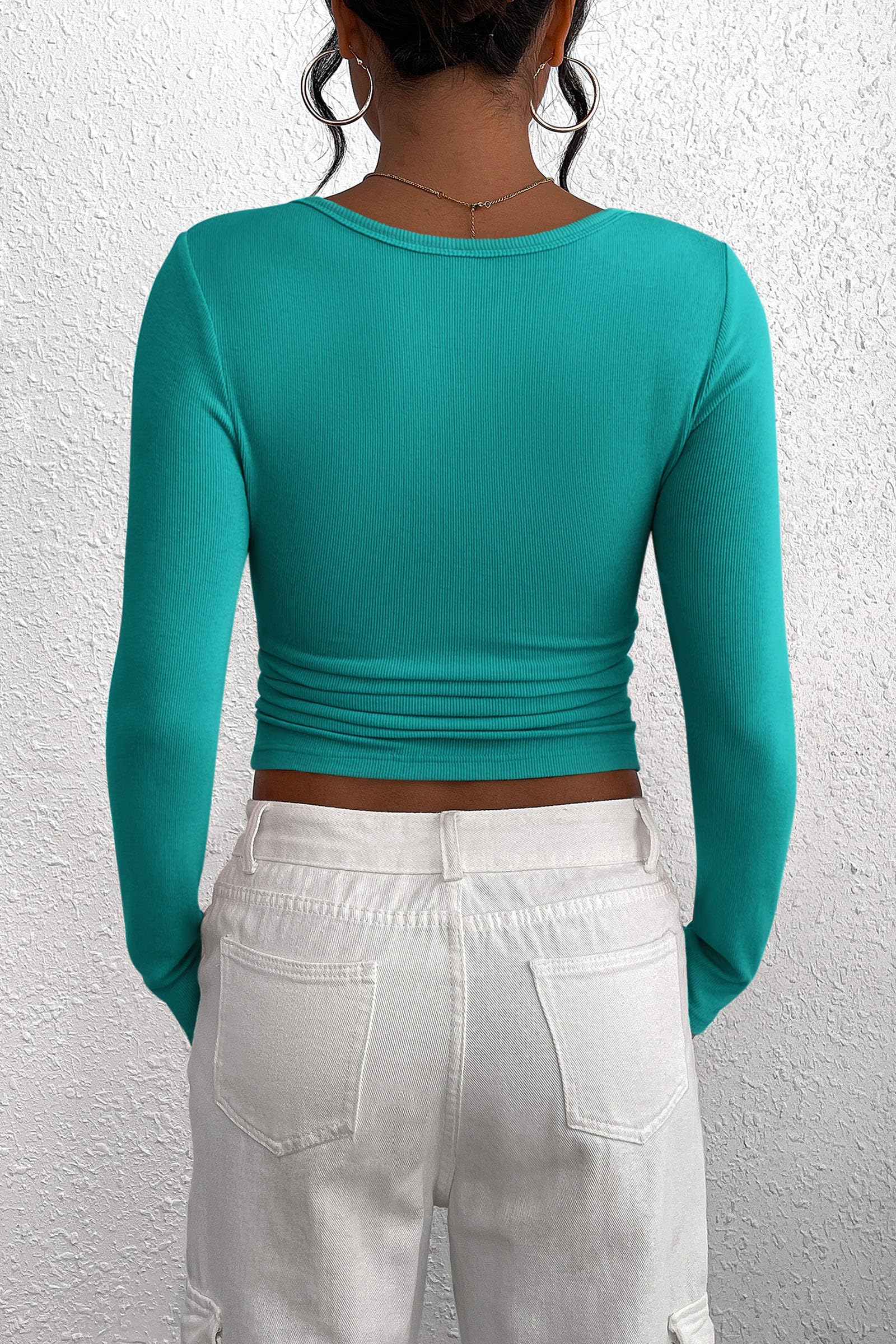 Women's Fall Long Sleeve Henley T Shirts Malachite Green