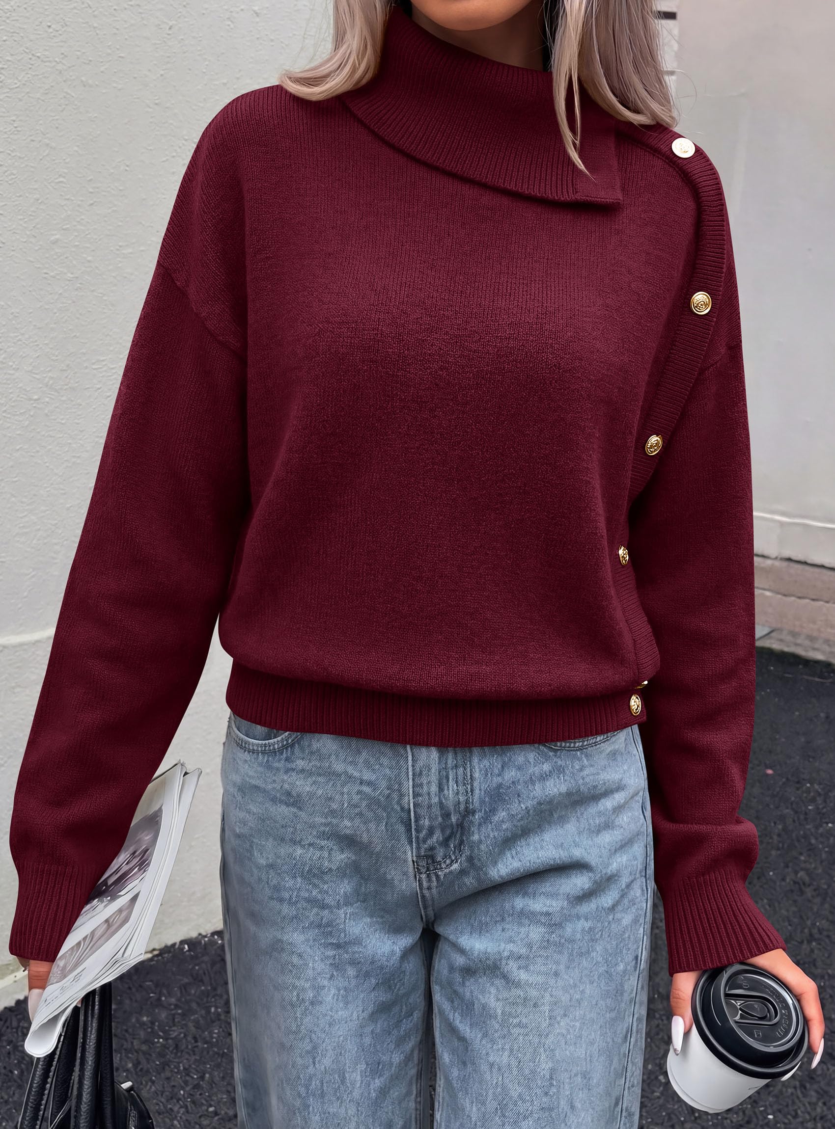 Womens Turtleneck Sweater Pullover Side Button Fall Clothes