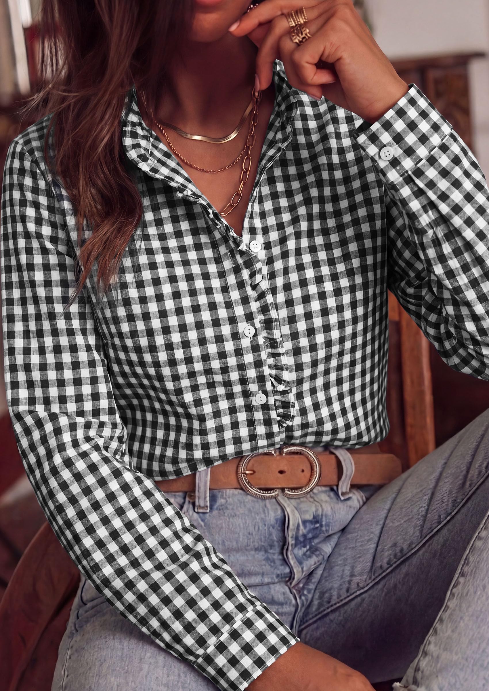 Womens Long Sleeve Button Down Shirts,Black White,S