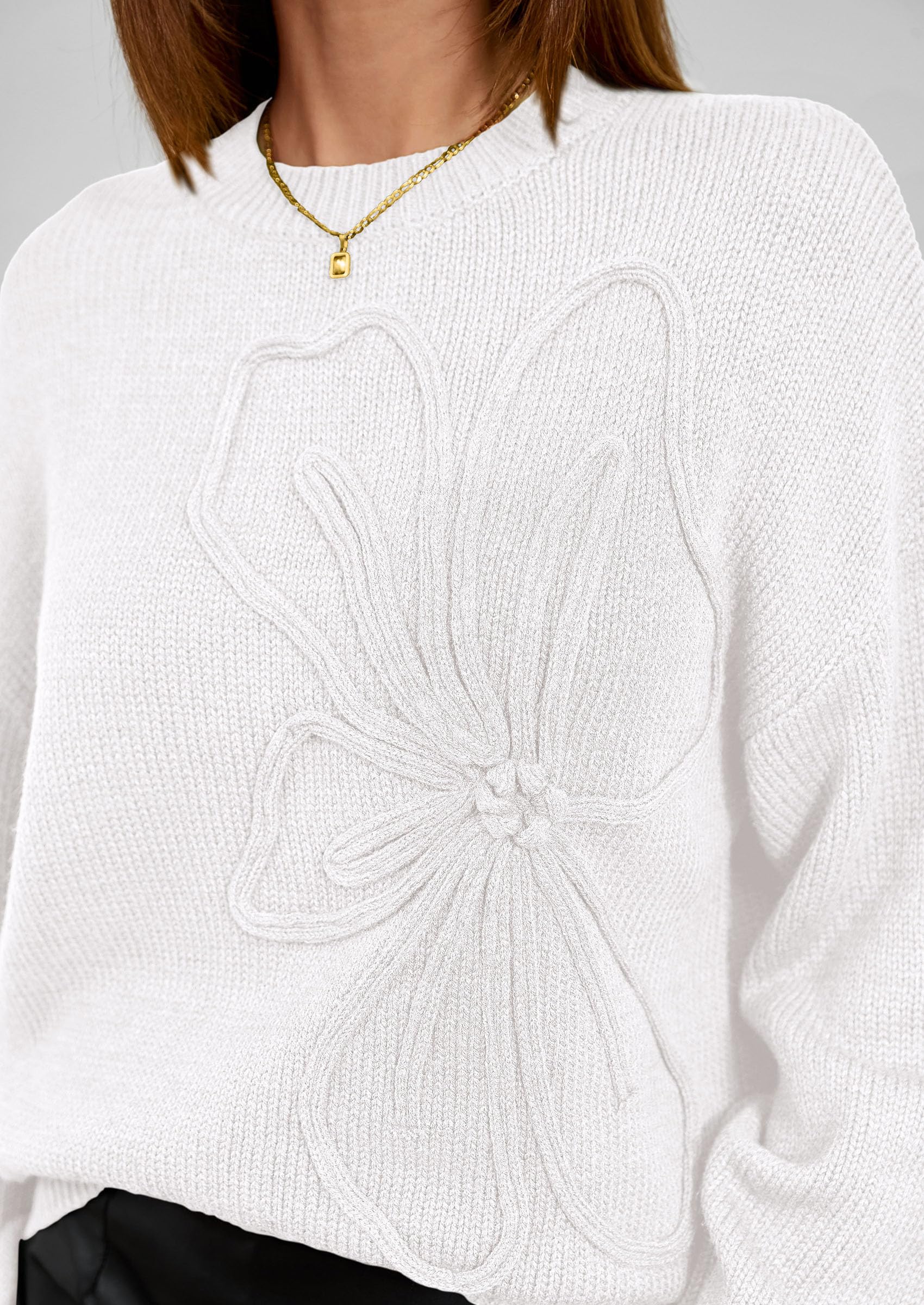 Women's Oversized 3D Floral Knit Sweater,White,S