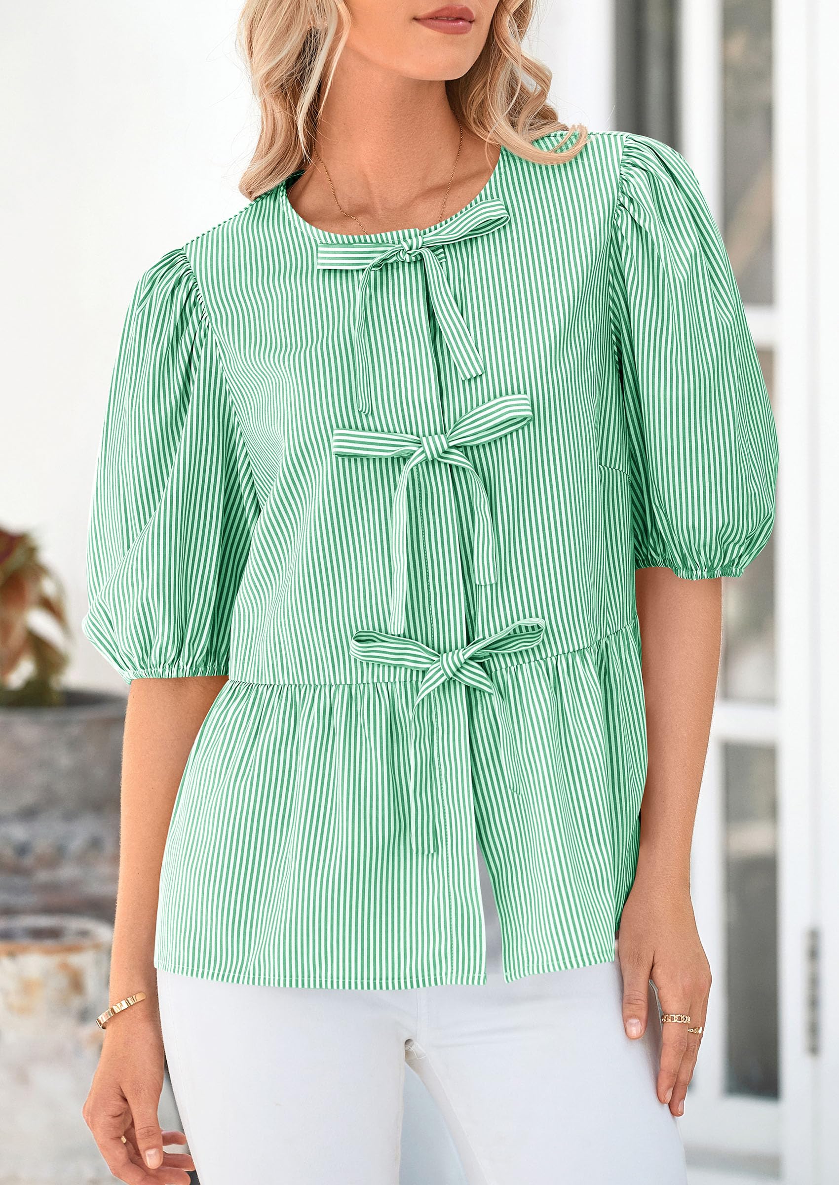 Women Striped Tie Front Babydoll Peplum Tops, Green,S