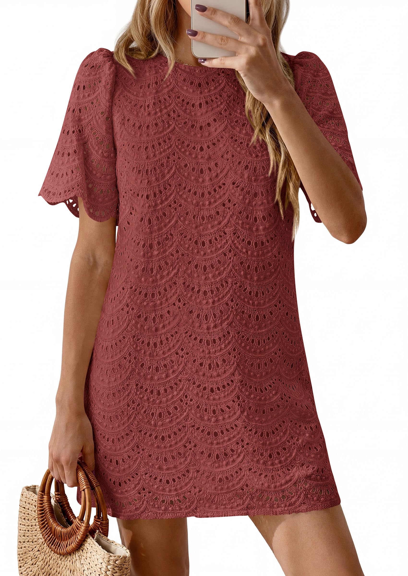 Women's Summer Eyelet Lace Short Dress (Brown Red,S)