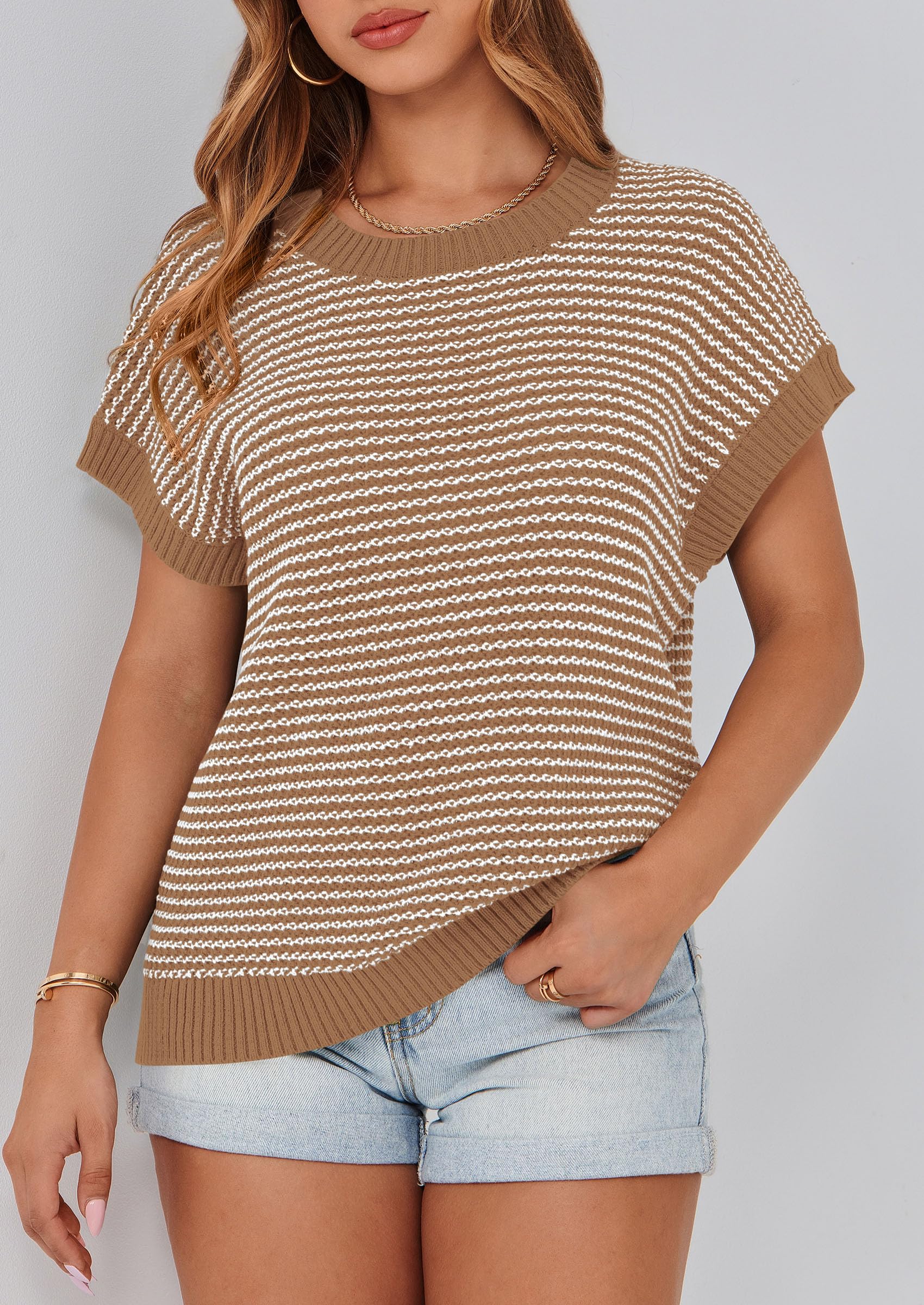 Women's Striped Short Sleeve Sweater Vest Dark Khaki,S