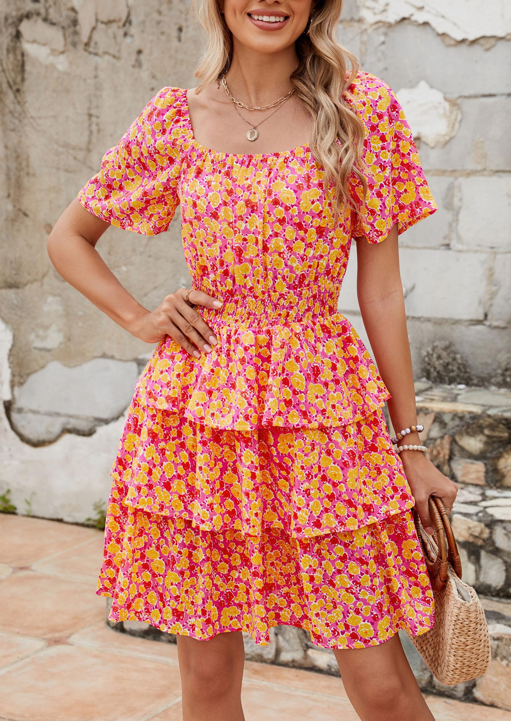 Women's Summer Floral Ruffle Short Dress Rose Red Floral,S