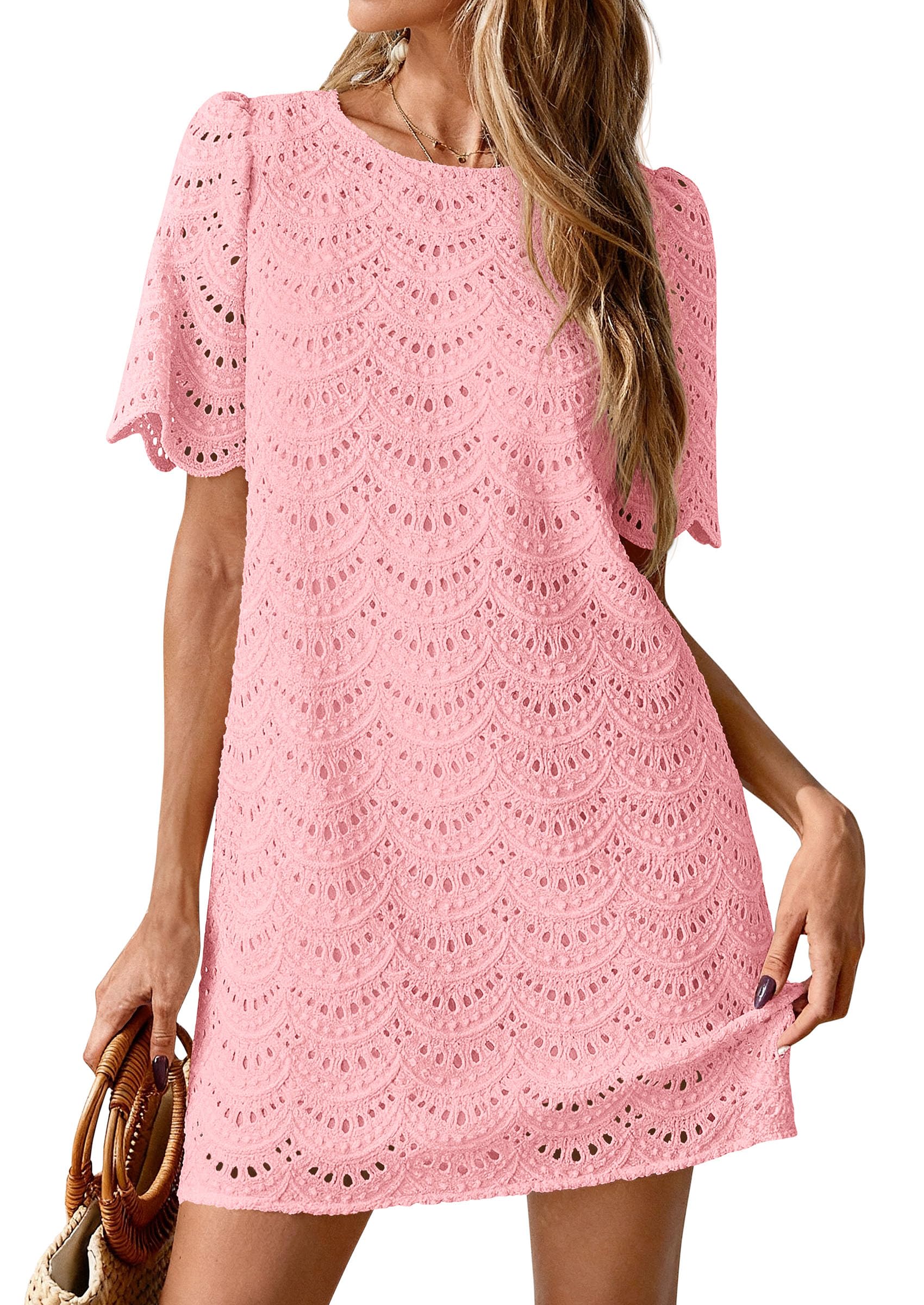 Women's Summer Eyelet Lace Short Dress (Pink,S)