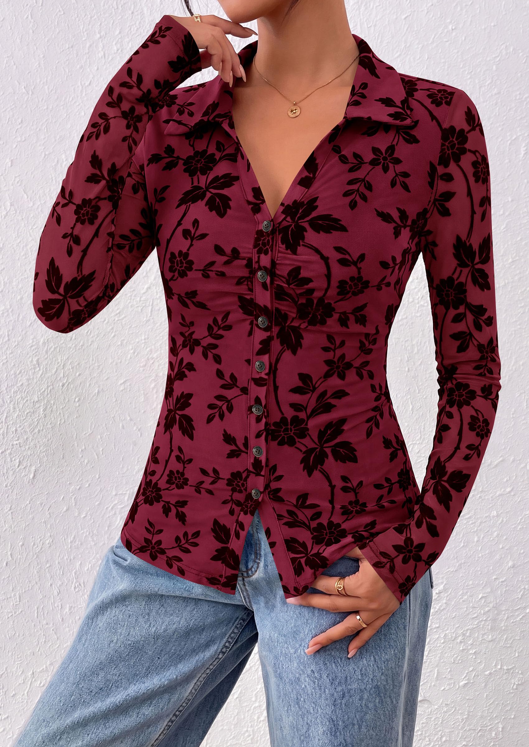 Women's Long Sleeve Floral Mesh Boho Tops Button Down Shirts